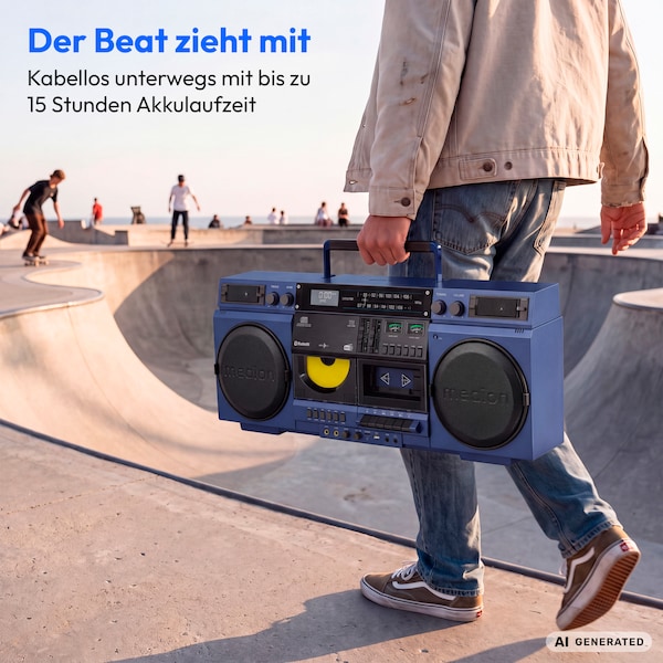 MEDION® LIFE P66538 Retro-Boombox blau, DAB+/PLL-UKW Radio, Bluetooth® 5.3 für das Abspielen von Smartphone & Co, CD-Player, Kassettendeck, X-Bass Funktion, 2 x 10 W RMS