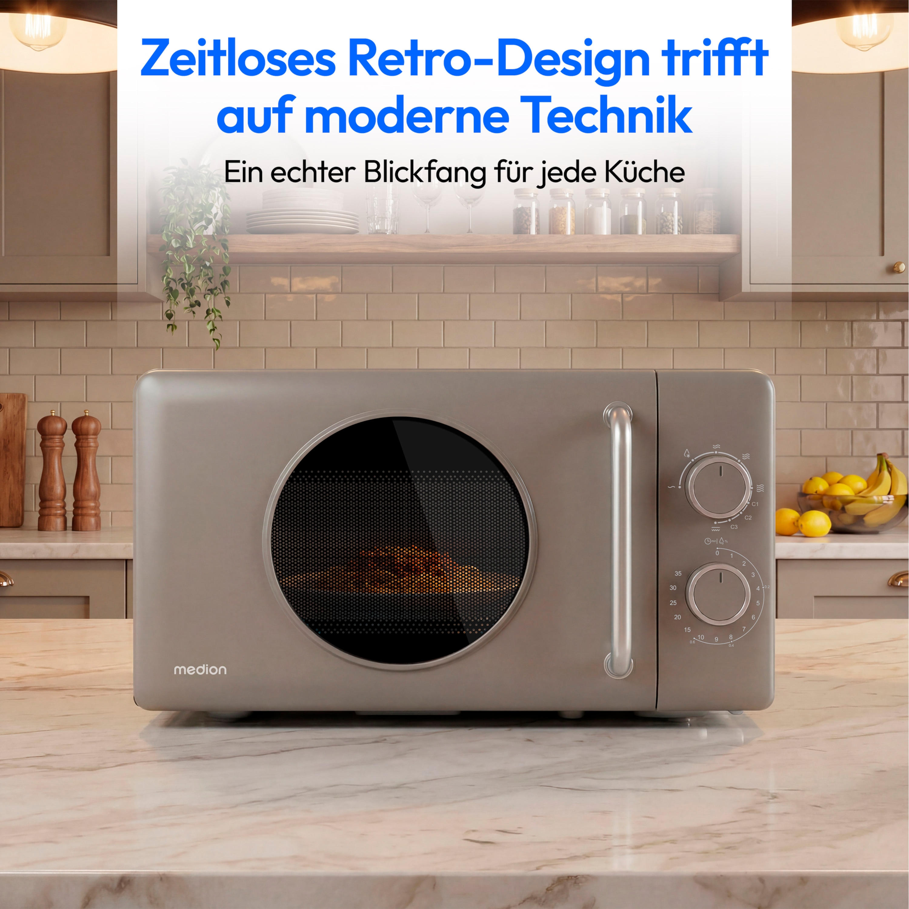 MEDION® LIFE® Retro-Mikrowelle MD 100119, 800 W Leistung, Grillfunktion, 20 L kompakt, 5 Mikrowellenstufen, Auftaufunktion, Timerfunktion, stilvolles Retro-Design