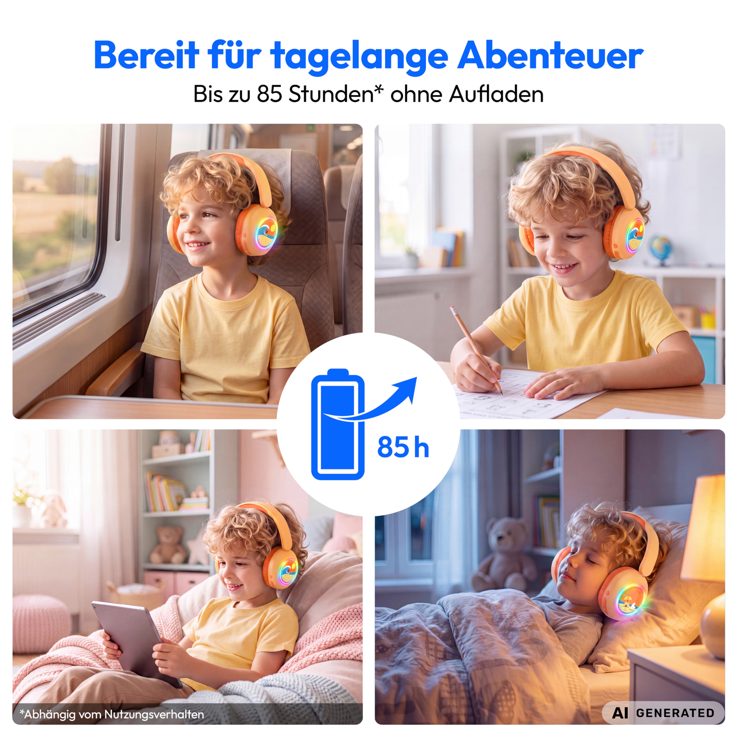 MEDION® LIFE HE-1 Kids Bluetooth Kinderkopfhörer, 3-stufiger Gehörschutz, bis zu 85 Std. Akkulaufzeit, MP3-Player, Bluetooth 5.4, AUX & microSD, LED-Lichtring, austauschbare Designs
