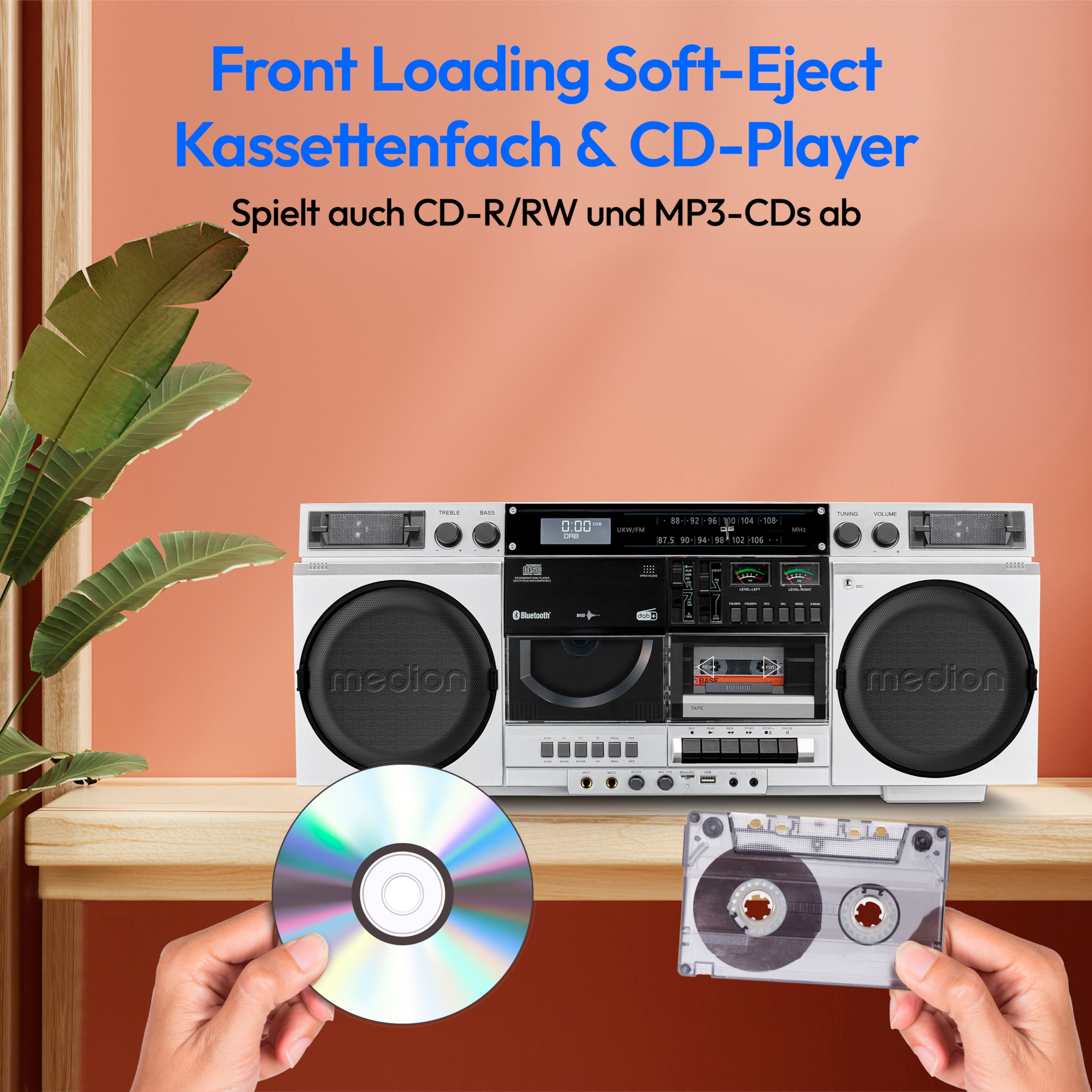 MEDION® LIFE® P66538 Retro-Boombox, DAB+/PLL-UKW Radio, Bluetooth® 5.3 für das Abspielen von Smartphone & Co, CD-Player, Kassettendeck, X-Bass Funktion, 2 x 10 W RMS