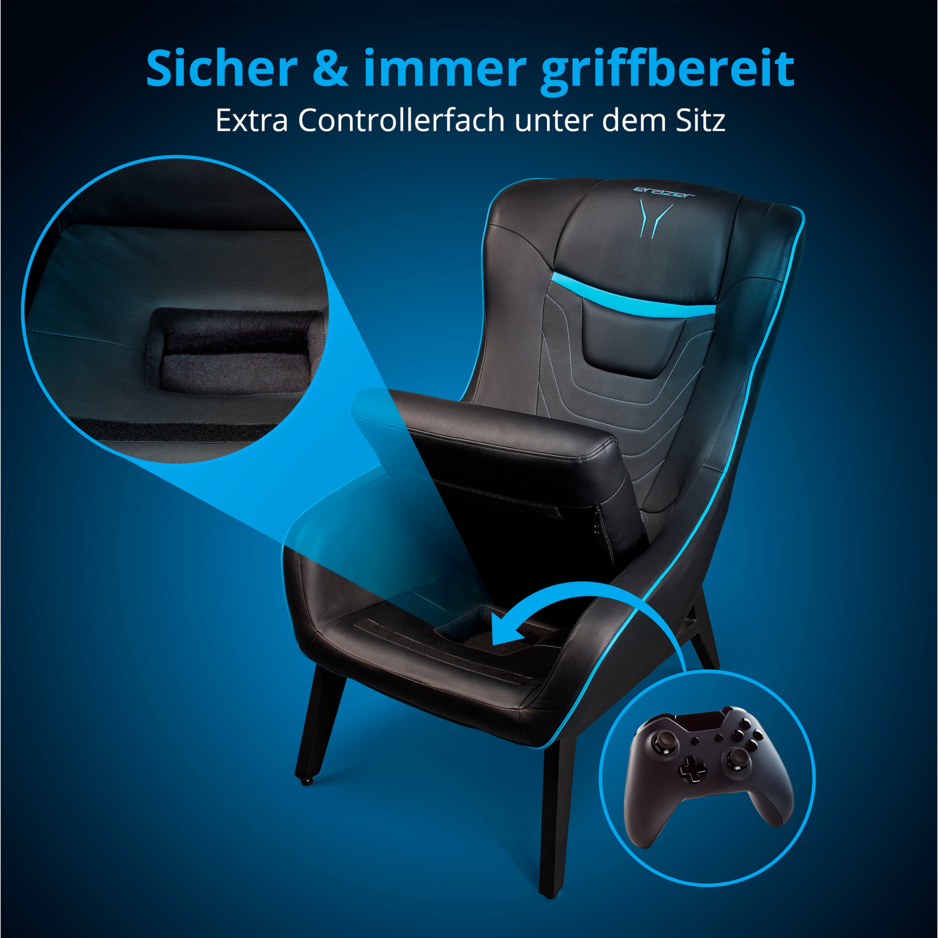 MEDION® ERAZER® X89220 Gaming Sessel, stilvoll und komfortabel, sportliche Optik und hochwertige Materialien, seitliche Rücken- und Beinpolster, Lendenkissen, Controllerfach