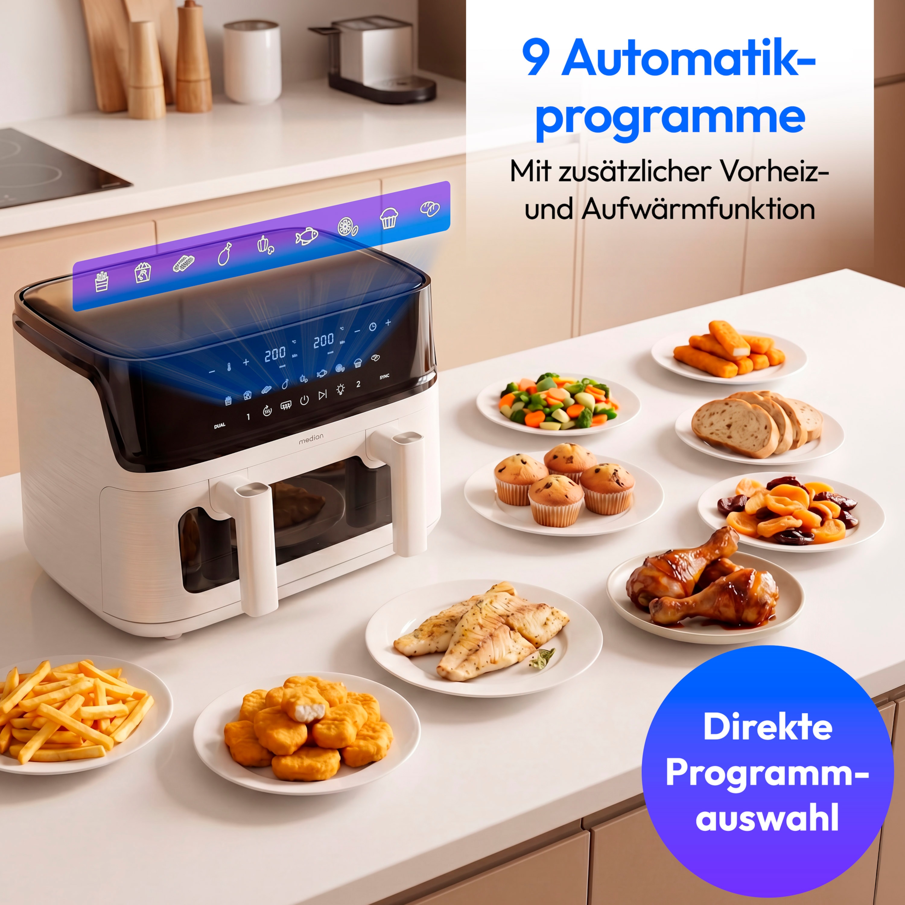 MEDION® LIFE® P25 XXL Flex M Heißluftfritteuse MD100057 weiß, 100 Rezepte in der Life+ App, 2 separate Garzonen, 10 Automatikprogramme, 10,8 L Gesamt-Nutzinhalt, 3.040 Watt, Temperatur einstellbar bis 200 °C