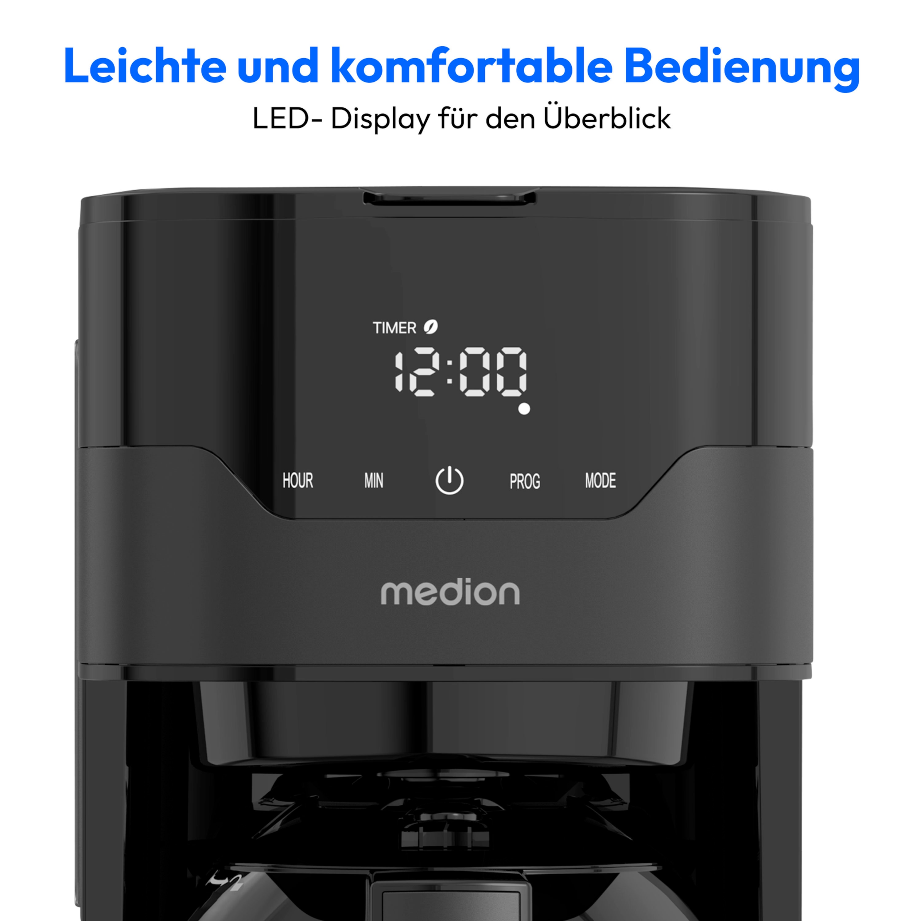 MEDION® LIFE® Kaffeemaschine mit Thermoskanne MD 18458, Timer-Funktion, Tropf-Stopp, 900 Watt, 1,1 Liter Fassungsvermögen, Aromawahlschalter