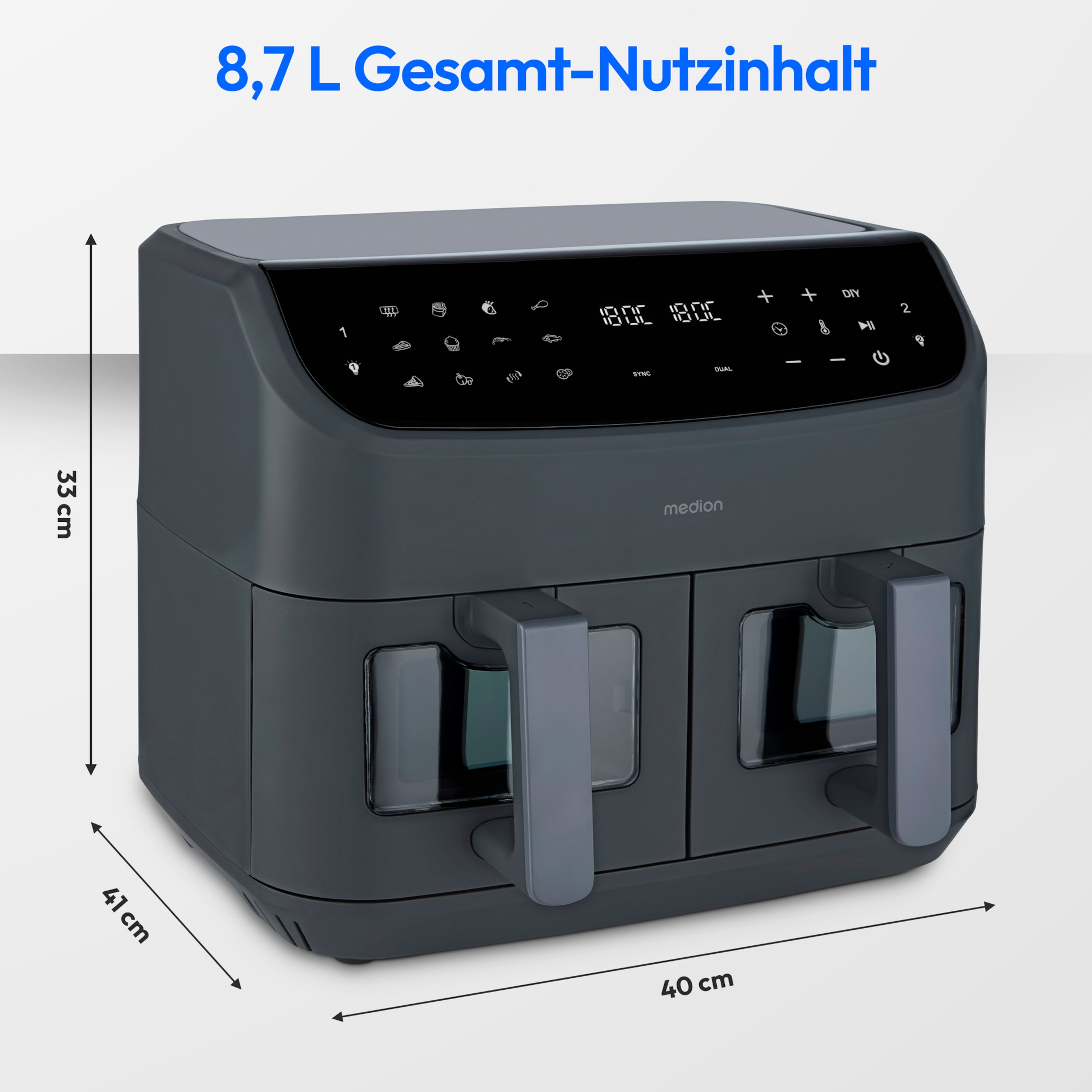 MEDION® LIFE® P20 XXL Twin Doppelzonen-Heißluftfritteuse MD 11760 matt grau, 100 Rezepte in der Life+ App, 2 separate Garzonen, 9 Automatikprogramme, 8,7 L Gesamt-Nutzinhalt, 2.600 Watt, Temperatur einstellbar bis 200 °C