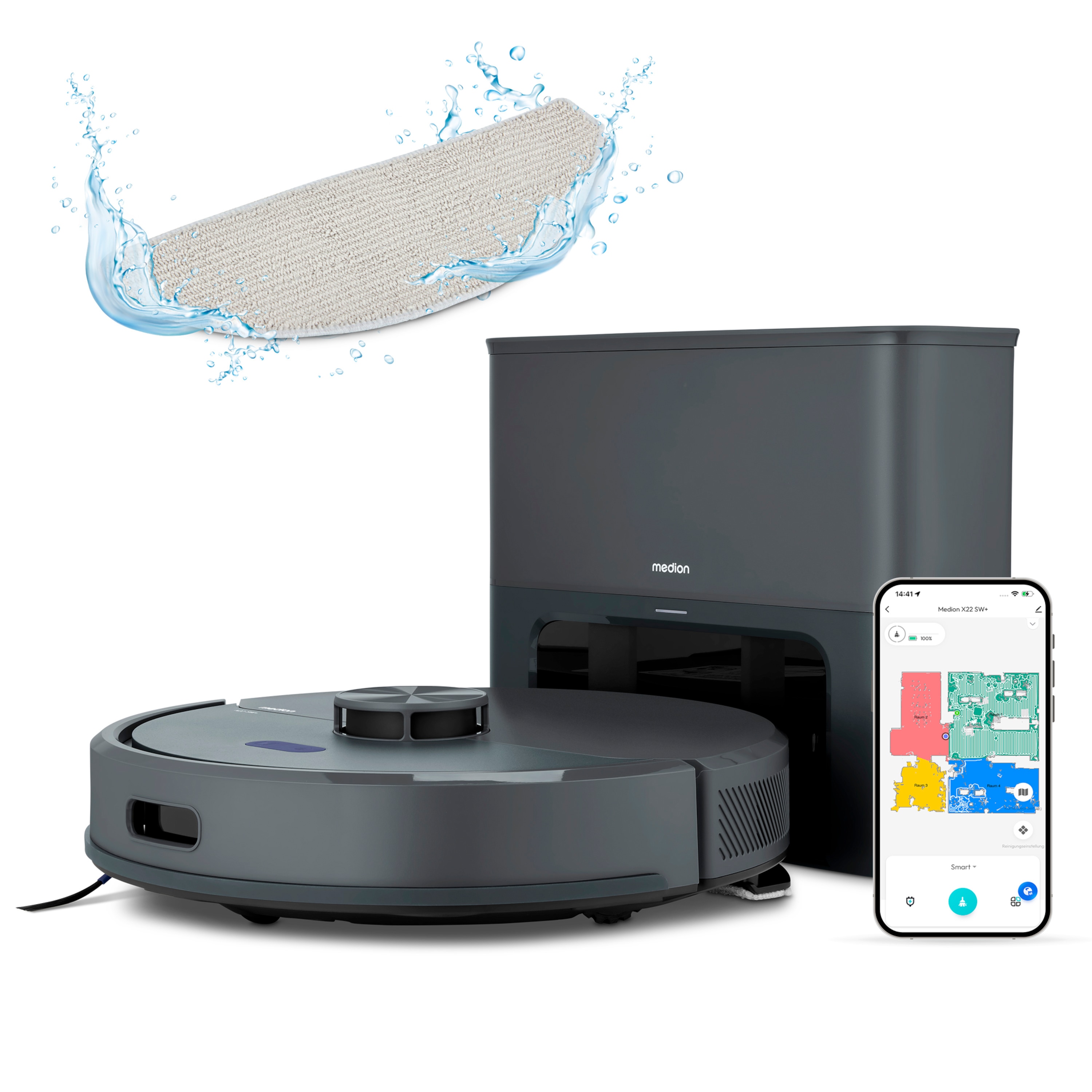 MEDION® Saugroboter mit Absaugstation X22 SW+, Wischfunktion, Lasernavigation, 5.000 Pa Saugkraft, No Go & Go Bereiche, präzise Kartenerstellung, mehrere Etagen, App-Steuerung