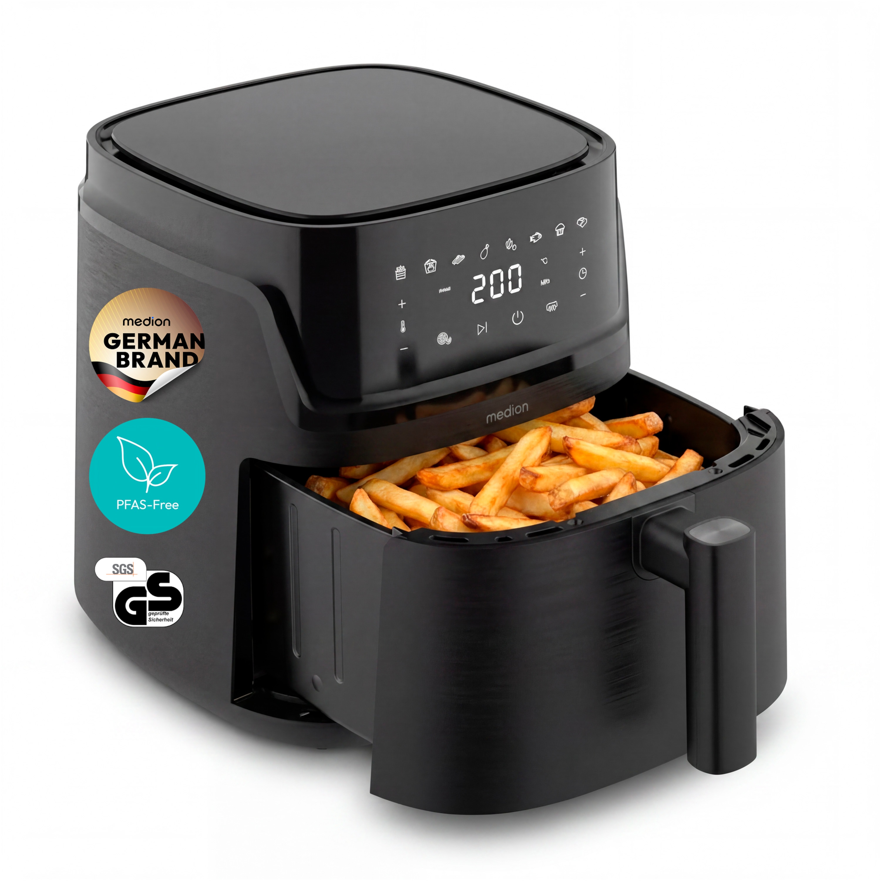 MEDION® LIFE Heißluftfritteuse MD100056, 7,2 L Gesamtvolumen, 10 Automatikprogramme, Edelstahl-Heizelement, digitales Sensor-Touch-Display, Temperatur 40–200 °C, ILAG SP-800 Beschichtung