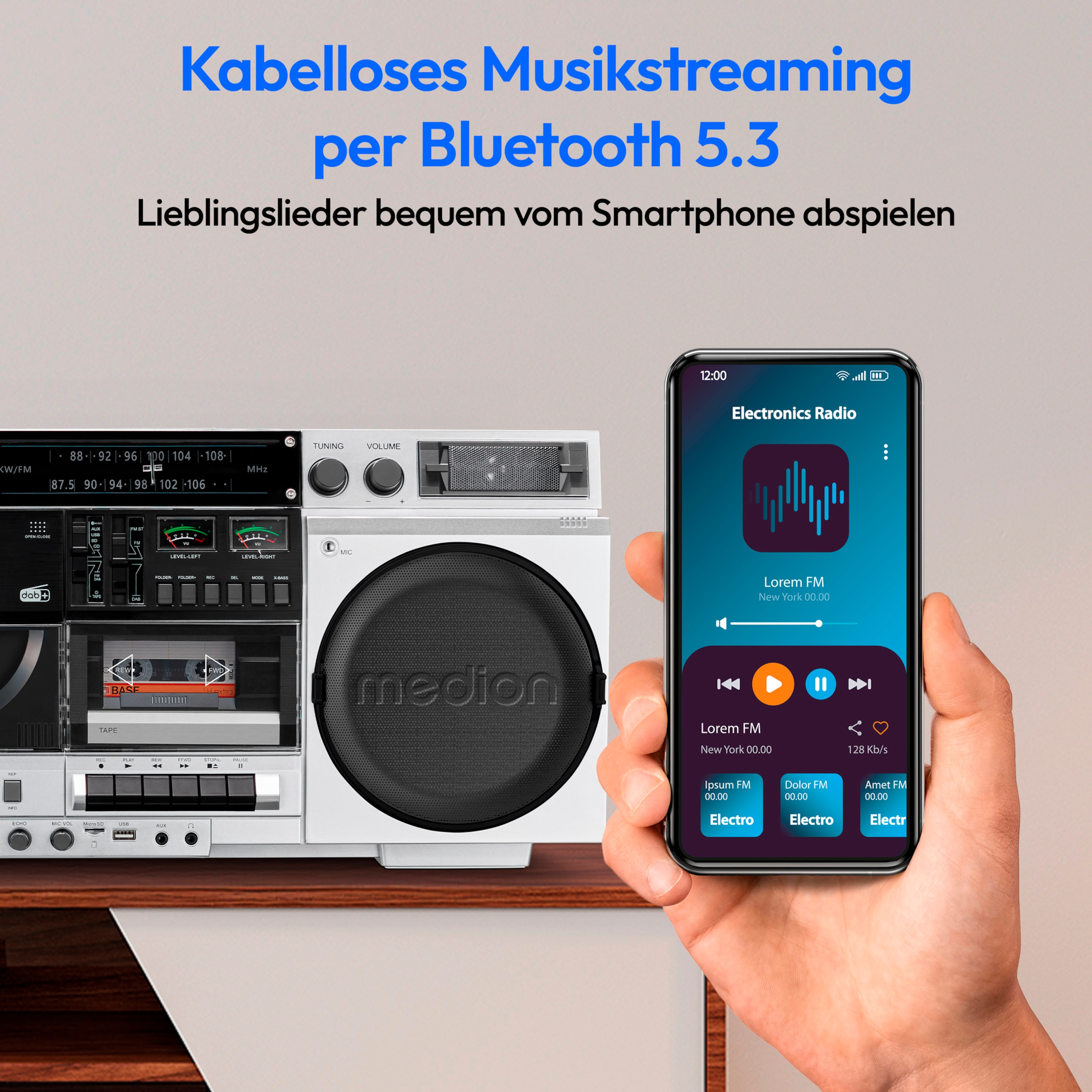 MEDION® LIFE® P66538 Retro-Boombox, DAB+/PLL-UKW Radio, Bluetooth® 5.3 für das Abspielen von Smartphone & Co, CD-Player, Kassettendeck, X-Bass Funktion, 2 x 10 W RMS