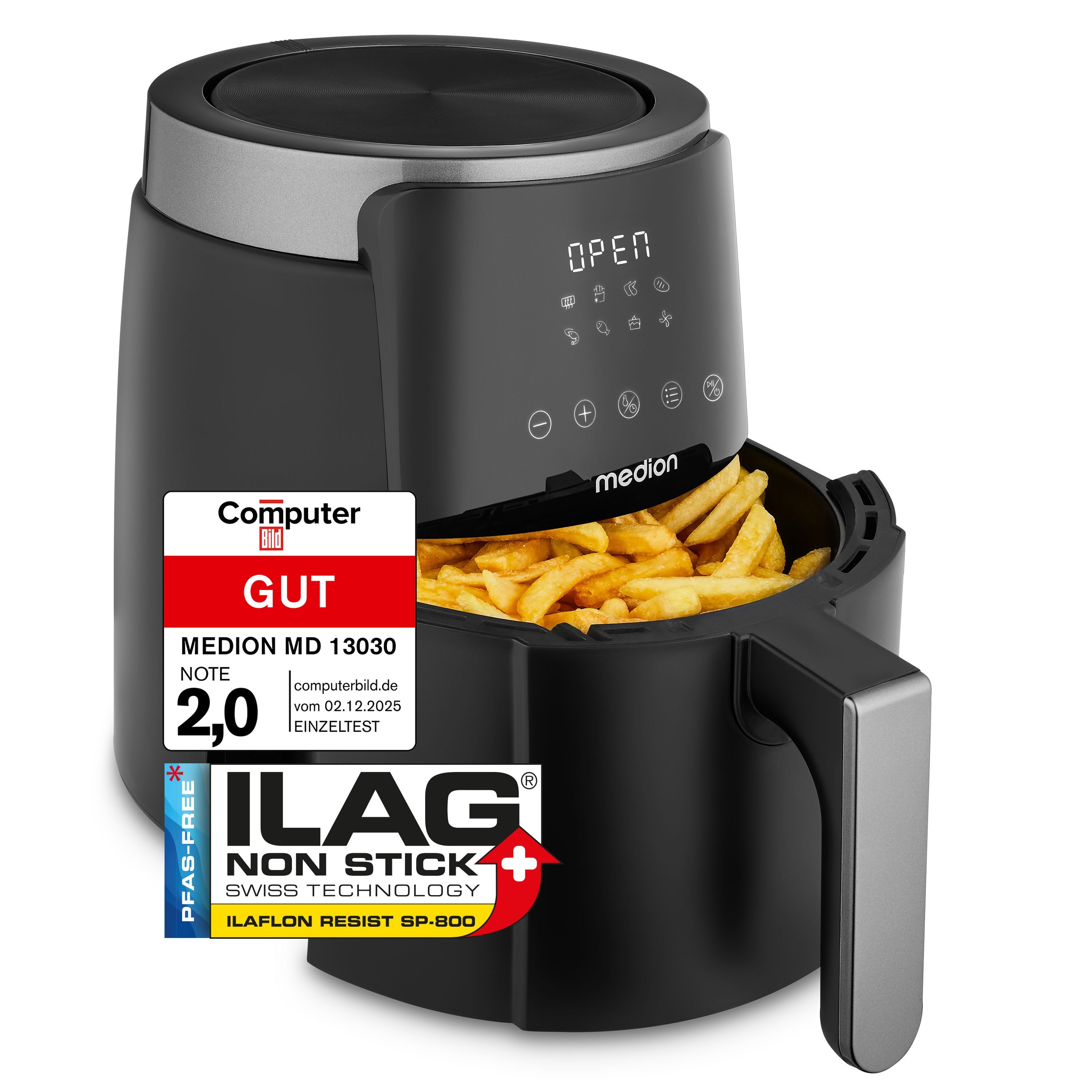 MEDION® LIFE HeißluftFritteuse P40 L (MD13030) schwarz, +100 Rezepte in der Life+ App¹, Touch-Sensor- Bedienfeld, 4,7 Liter Fassungsvermögen, 8 Automatikprogramme,1.500 Watt, 60 min. Timer, PFAS-freie Antihaft-Beschichtung