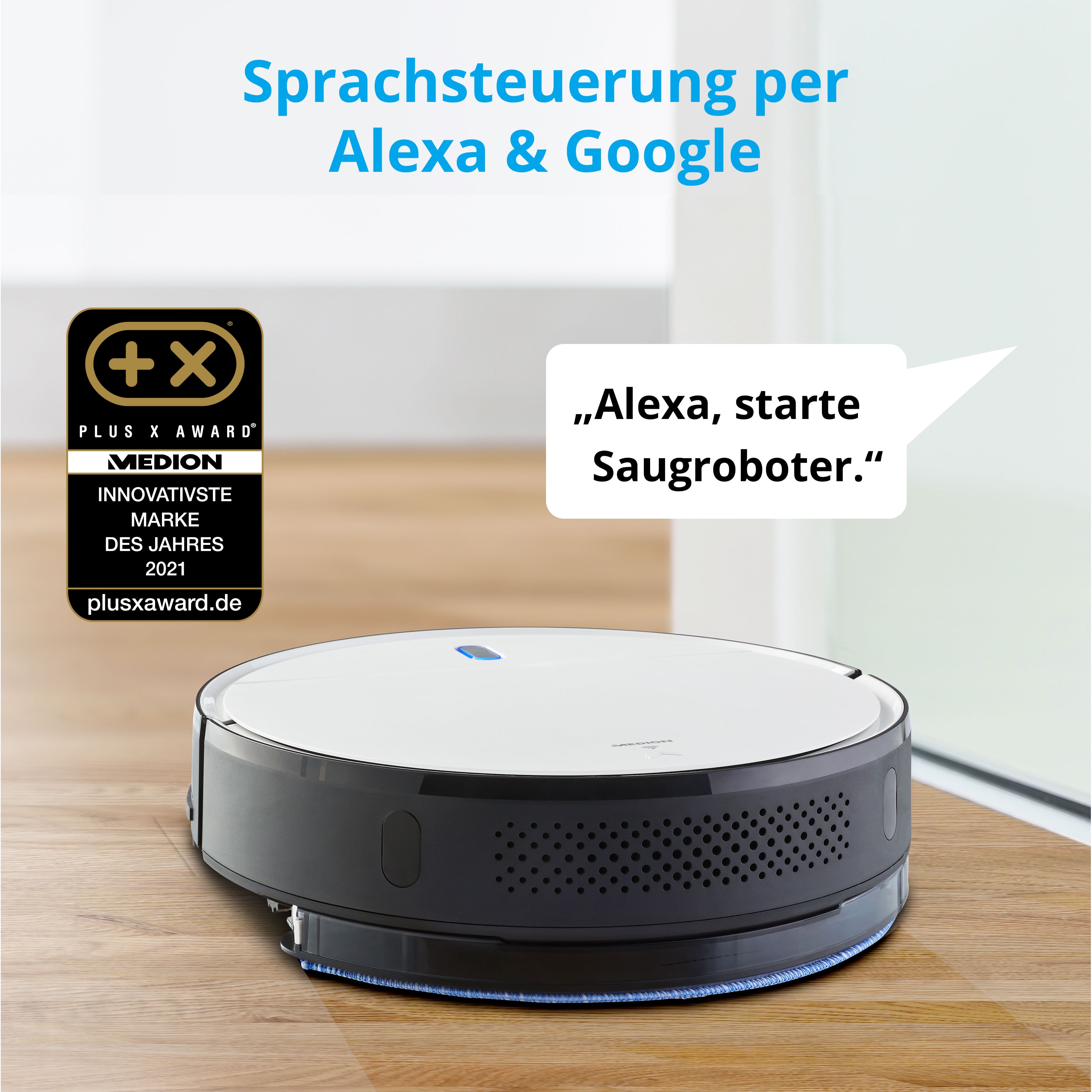 MEDION® Saugroboter S05 SW, App- und Alexa-Steuerung, Saugen und Wischen gleichzeitig, intelligente Navigation, langlebiger BLDC-Motor, 2.000 Pa Saugkraft
