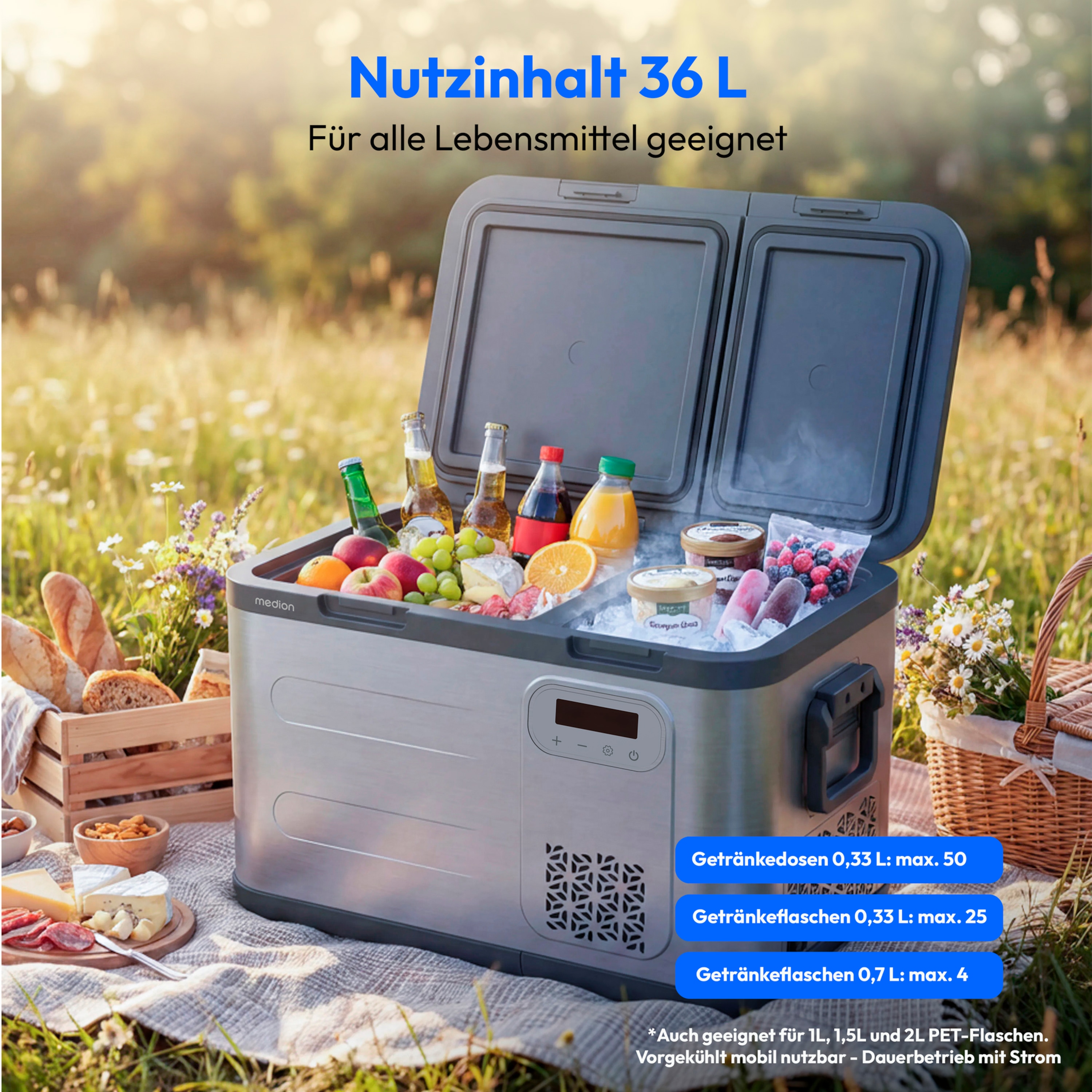 MEDION® LIFE Kompressor Kühlbox MD370026, Duale Kühlzonen bis −20 °C, 36 L Kapazität, 12 V 24 V 230 V, Aluminium Design