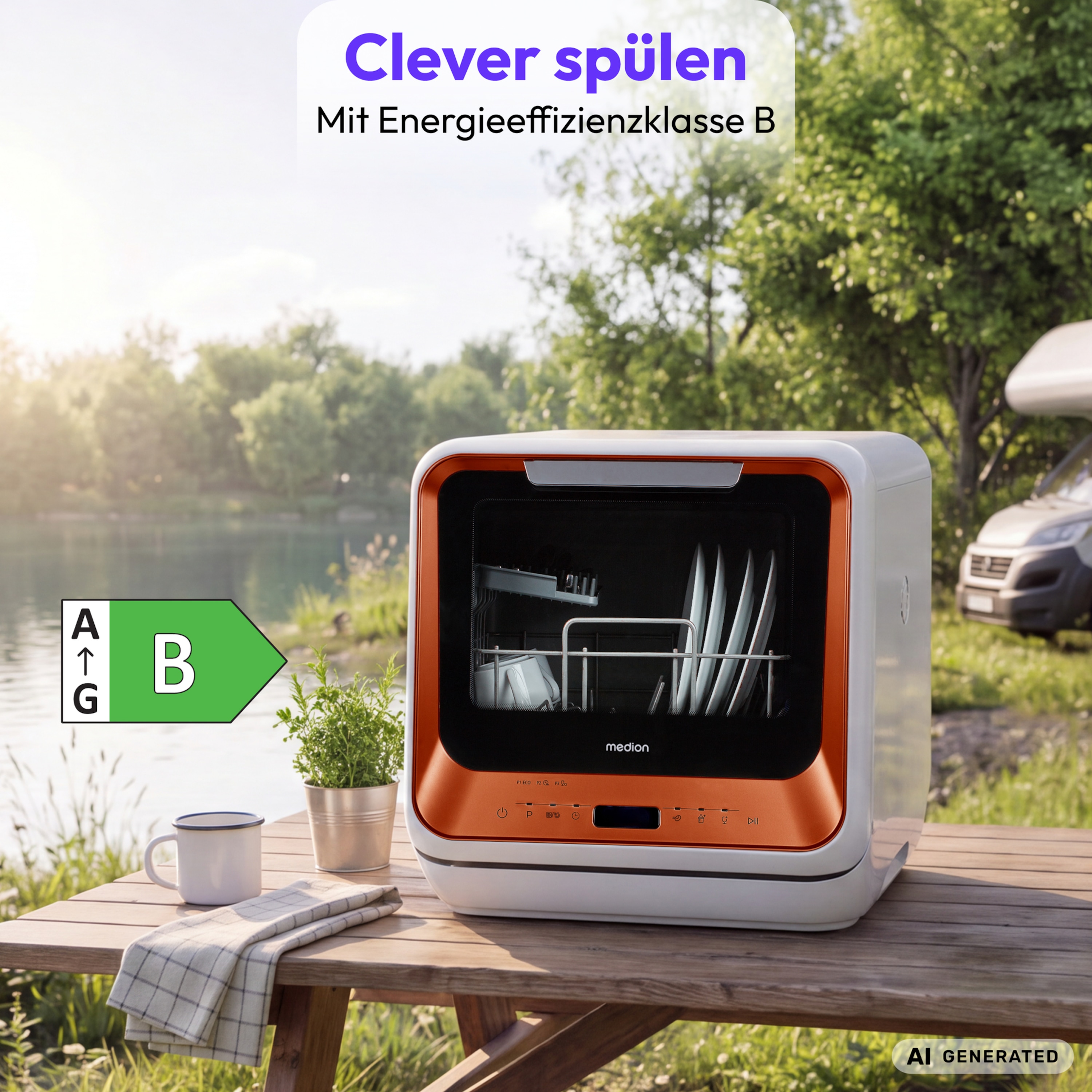 MEDION® LIFE Mini-Geschirrspüler DWT20 (MD37763) bronze, für 2 Gedecke, 6 Reinigungsprogramme, Startzeitvorwahl
