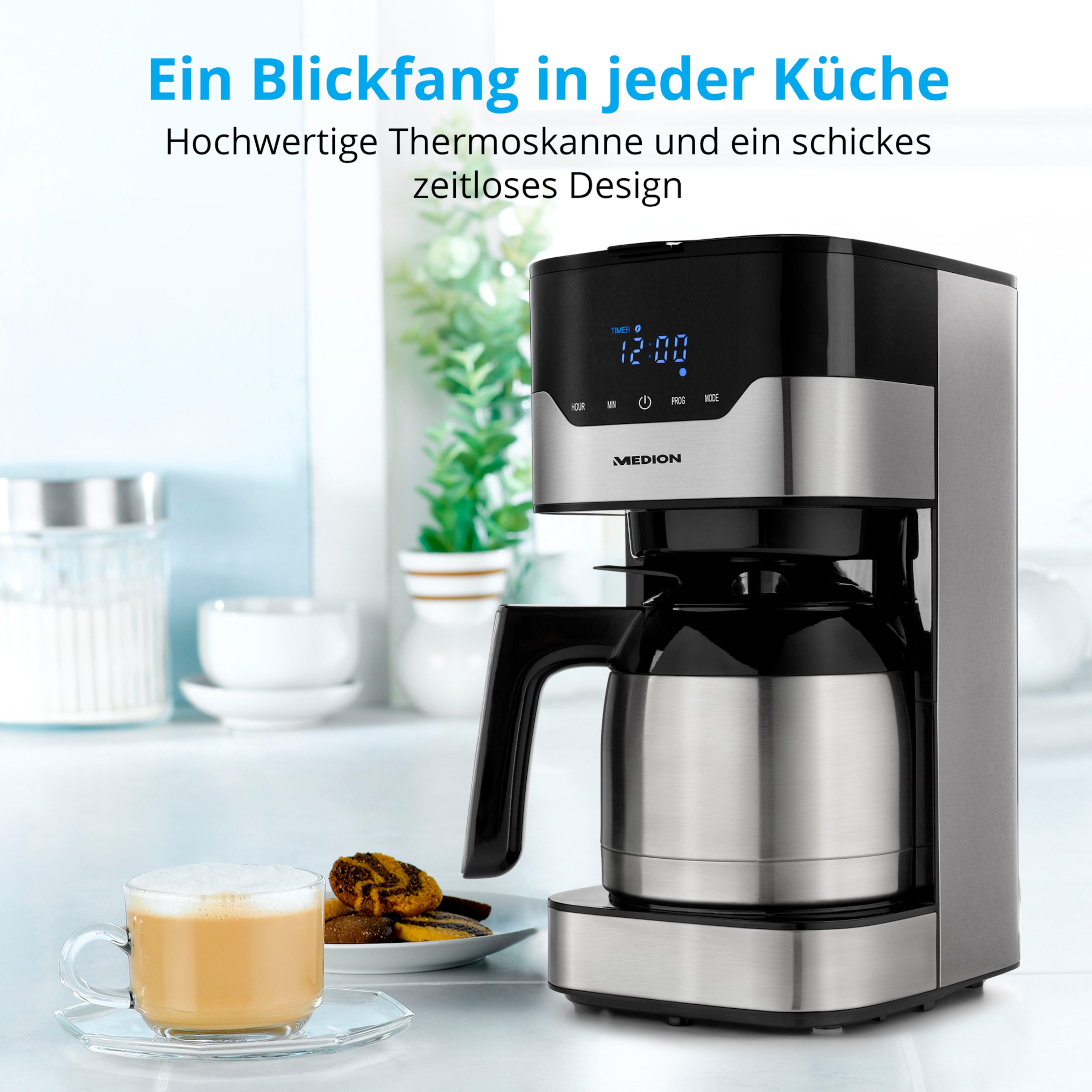 MEDION® LIFE® Kaffeemaschine mit Thermoskanne MD 18458, Timer-Funktion, Tropf-Stopp, 900 Watt, 1,1 Liter Fassungsvermögen, Aromawahlschalter