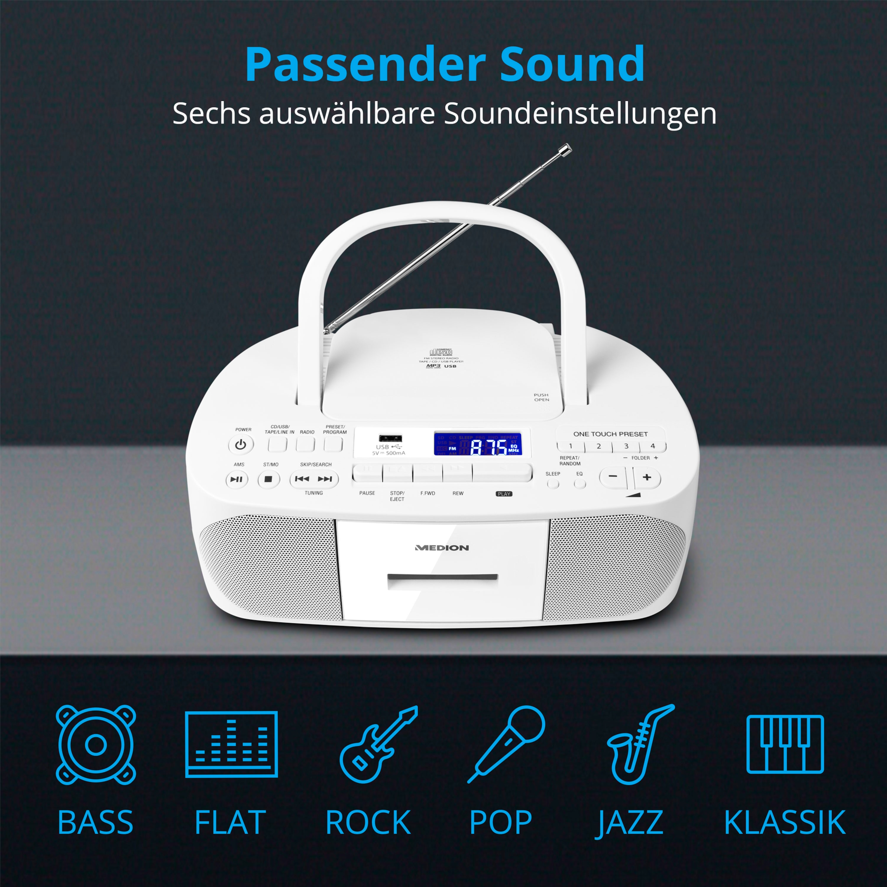 MEDION® LIFE® E64070, CD-Kassetten-Radio mit MP3-Wiedergabe, PLL-UKW Radio, USB Anschluss, CD-R/RW kompatibel, AUX, 2 x 30 W max. Musikausgangsleistung