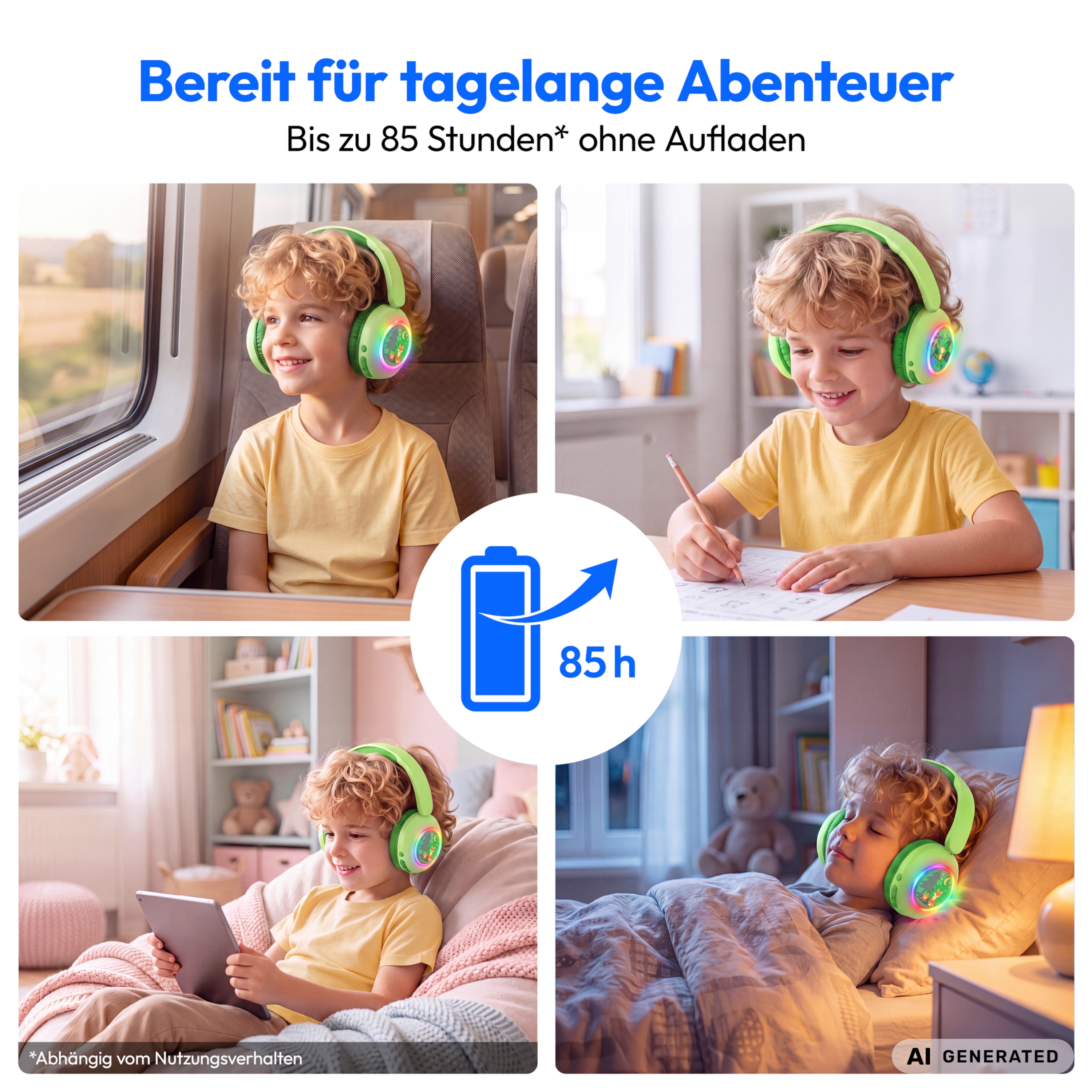 MEDION® LIFE HE-1 Kids Bluetooth Kinderkopfhörer, 3-stufiger Gehörschutz, bis zu 85 Std. Akkulaufzeit, MP3-Player, Bluetooth 5.4, AUX & microSD, LED-Lichtring, austauschbare Designs