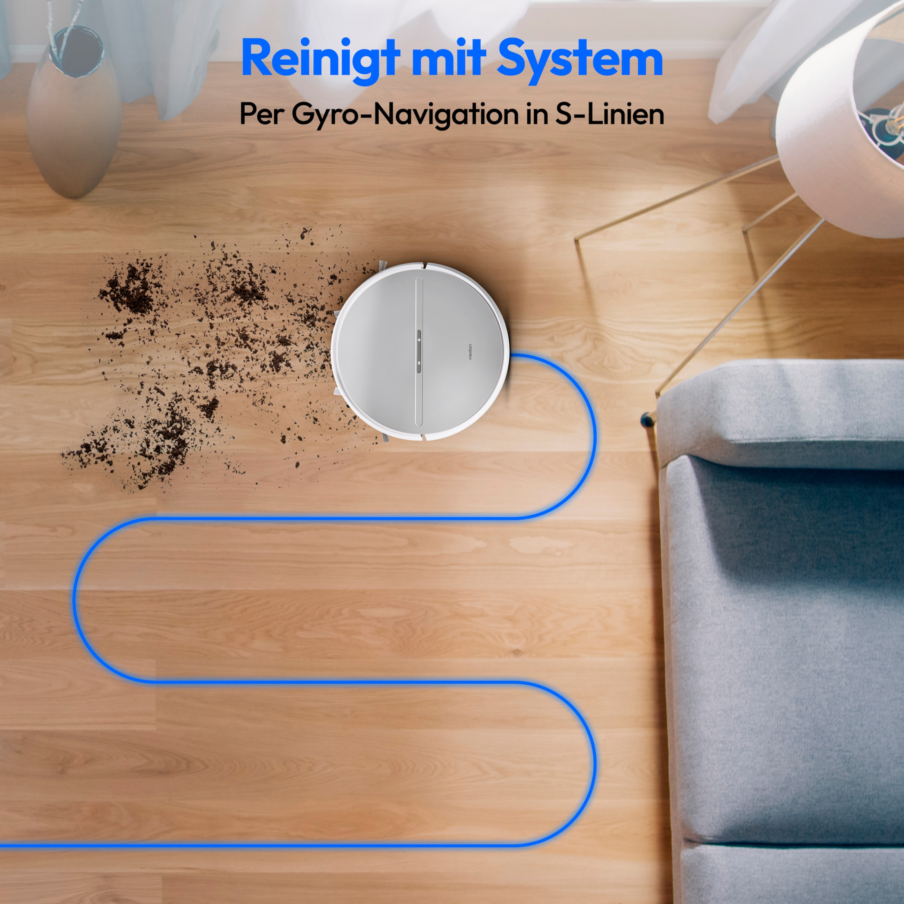 MEDION® E35 Saugroboter, Systematische Reinigung in S-Linien, 2.000 Pa Saugkraft, 120 Minuten Laufzeit, inkl. Fernbedienung