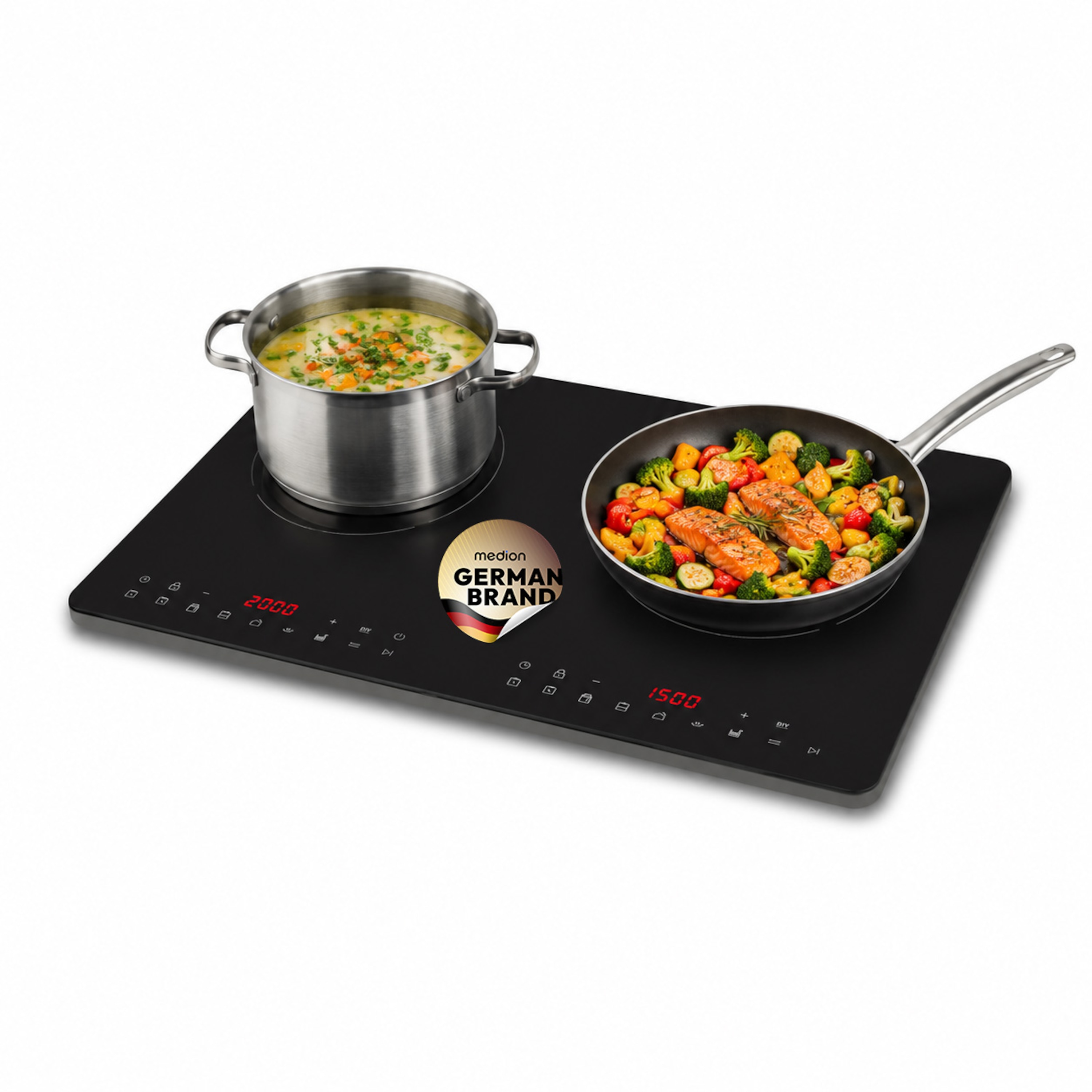 MEDION® Life IC20D Induktionskochplatte (MD 100091), extra flach, 3500 Watt Induktionsleistung, 2 Kochplatten mit je 8 Automatikprogrammen und DIY, LED Display mit Touchbedienung, Nahtlose Kristallglas-Oberfläche