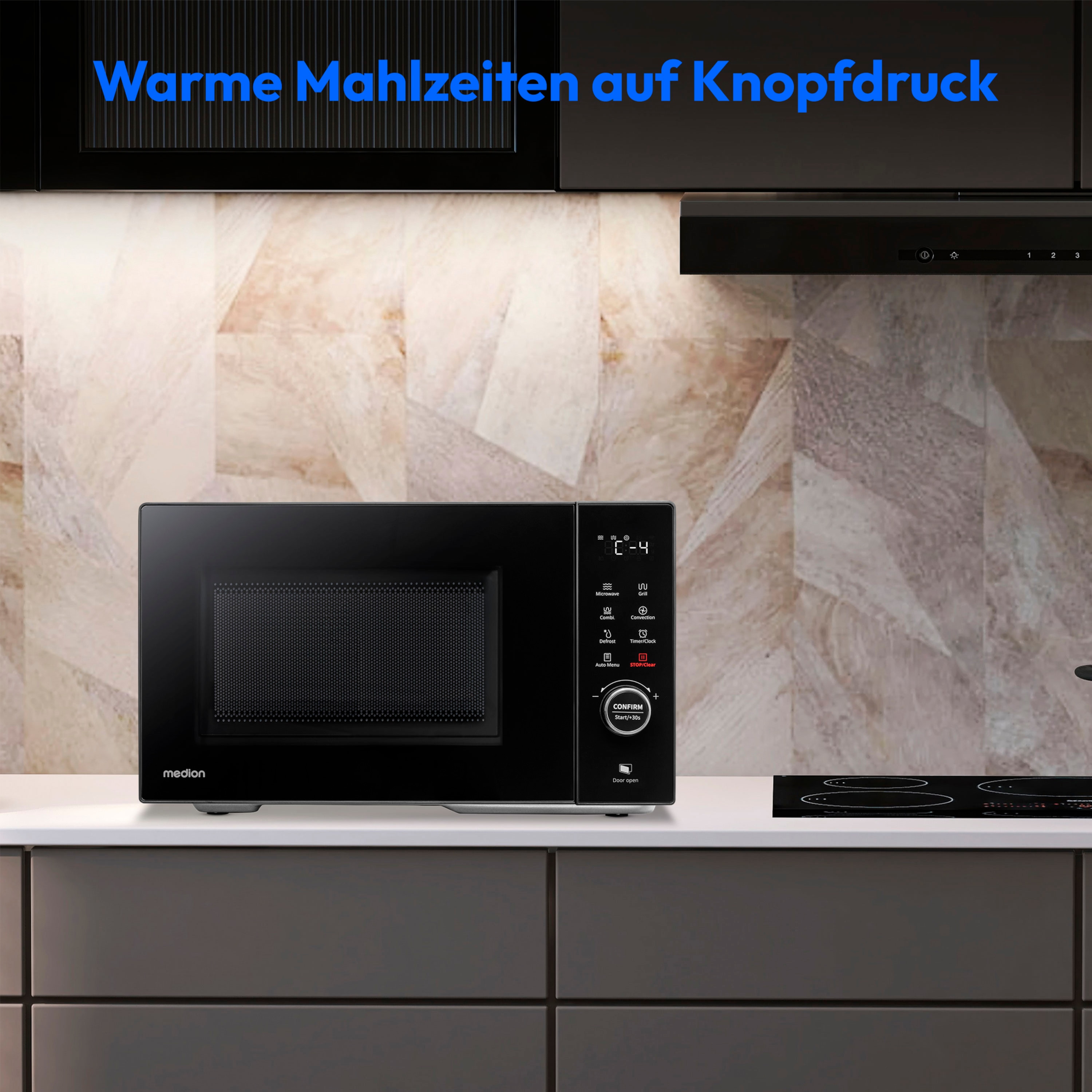 MEDION® LIFE® 3 in 1 Mikrowelle MD12031, 900 Watt Mikrowellenleistung, 1000 Watt Grillleistung, 1680 Watt Heißluftfunktion, Sensor-Touch-Türöffnung, 11 Automatikprogramme, 23 L Kapazität, 5 Leistungsstufen, digitaler 95 min. Timer, Auftaufunktion