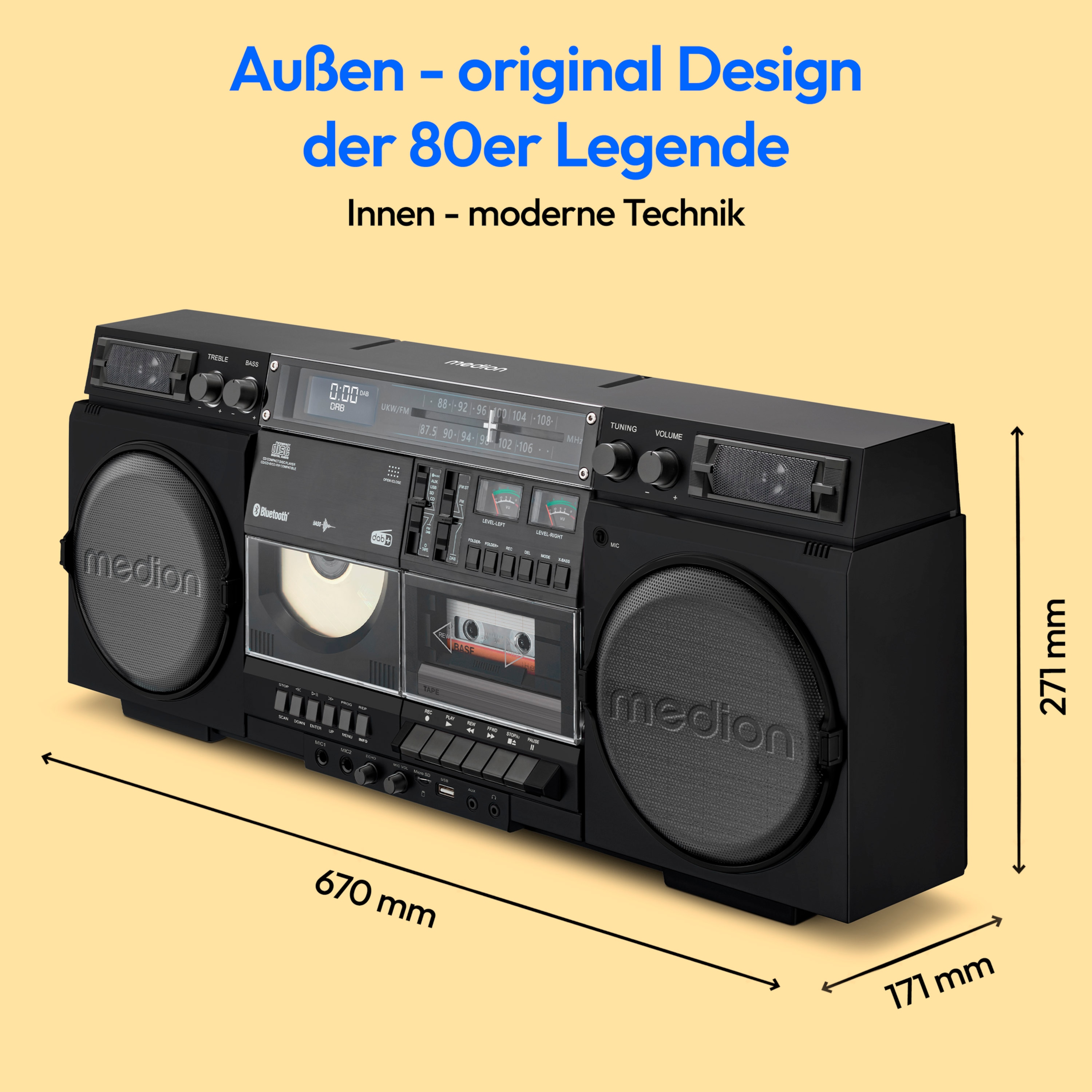 MEDION® LIFE® P66538 Retro-Boombox, DAB+/PLL-UKW Radio, Bluetooth® 5.3 für das Abspielen von Smartphone & Co, CD-Player, Kassettendeck, X-Bass Funktion, 2 x 10 W RMS