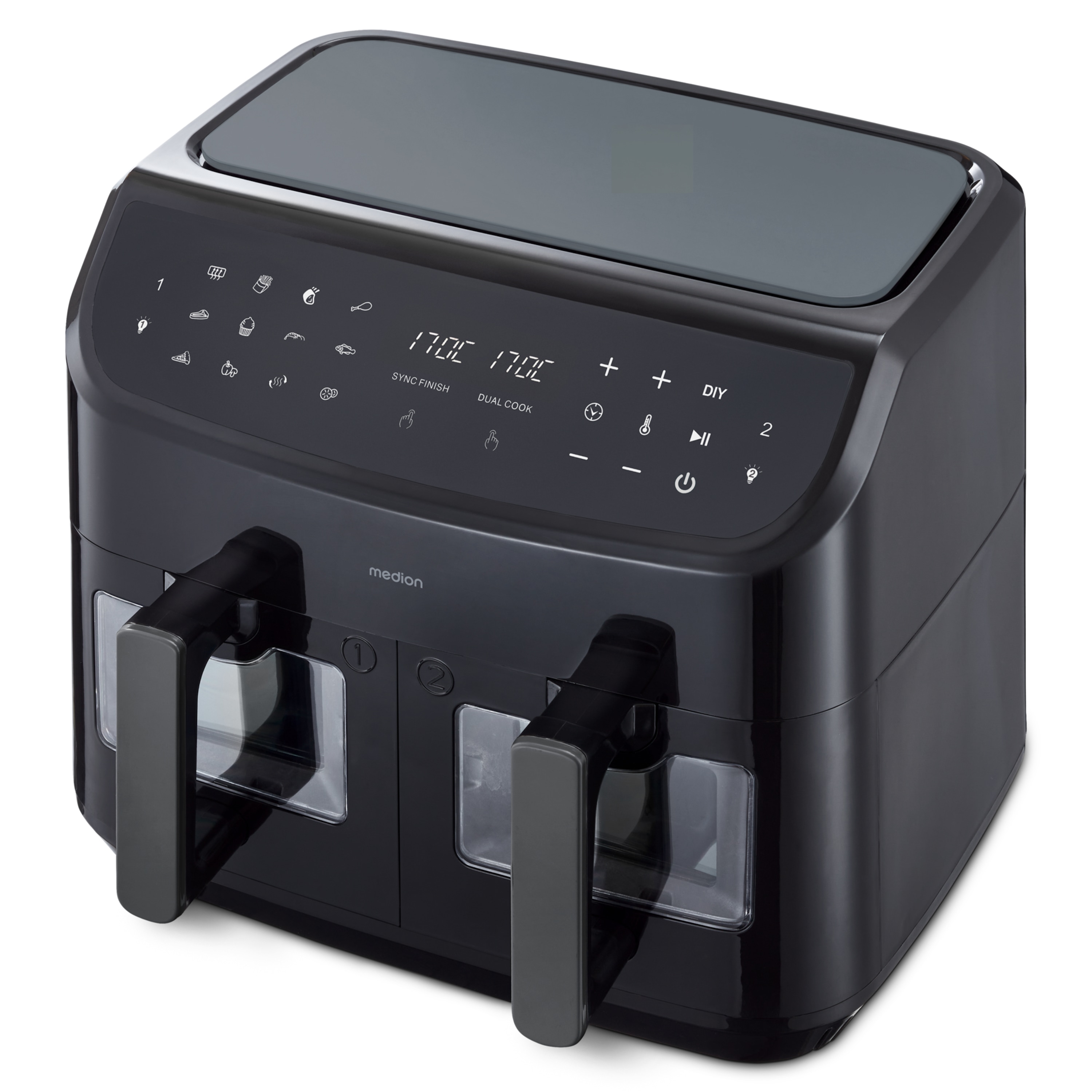 MEDION® LIFE® P20 XXL Twin Doppelzonen-Heißluftfritteuse MD 11760, 100 Rezepte in der Life+ App, 2 separate Garzonen, 9 Automatikprogramme, 8,7 L Gesamt-Nutzinhalt, 2.600 Watt, Temperatur einstellbar bis 200 °C
