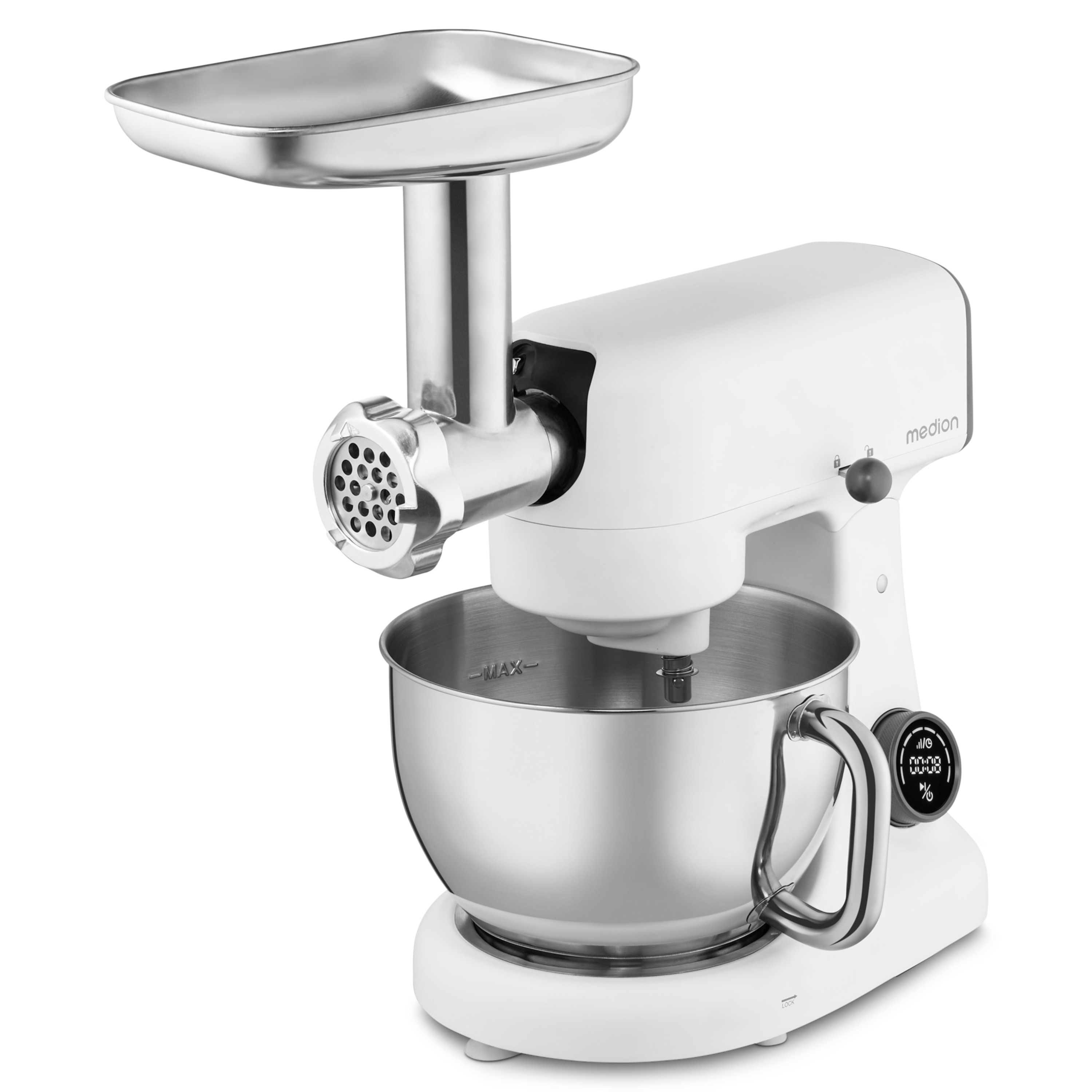 MEDION® LIFE Digitale Küchenmaschine MD12600, 800 W Gleichstrommotor, Energiesparend, Ultraleise, Digitales Sensor-Touch-Display, 4,6 L Edelstahlschüssel, Inkl. Fleischwolf