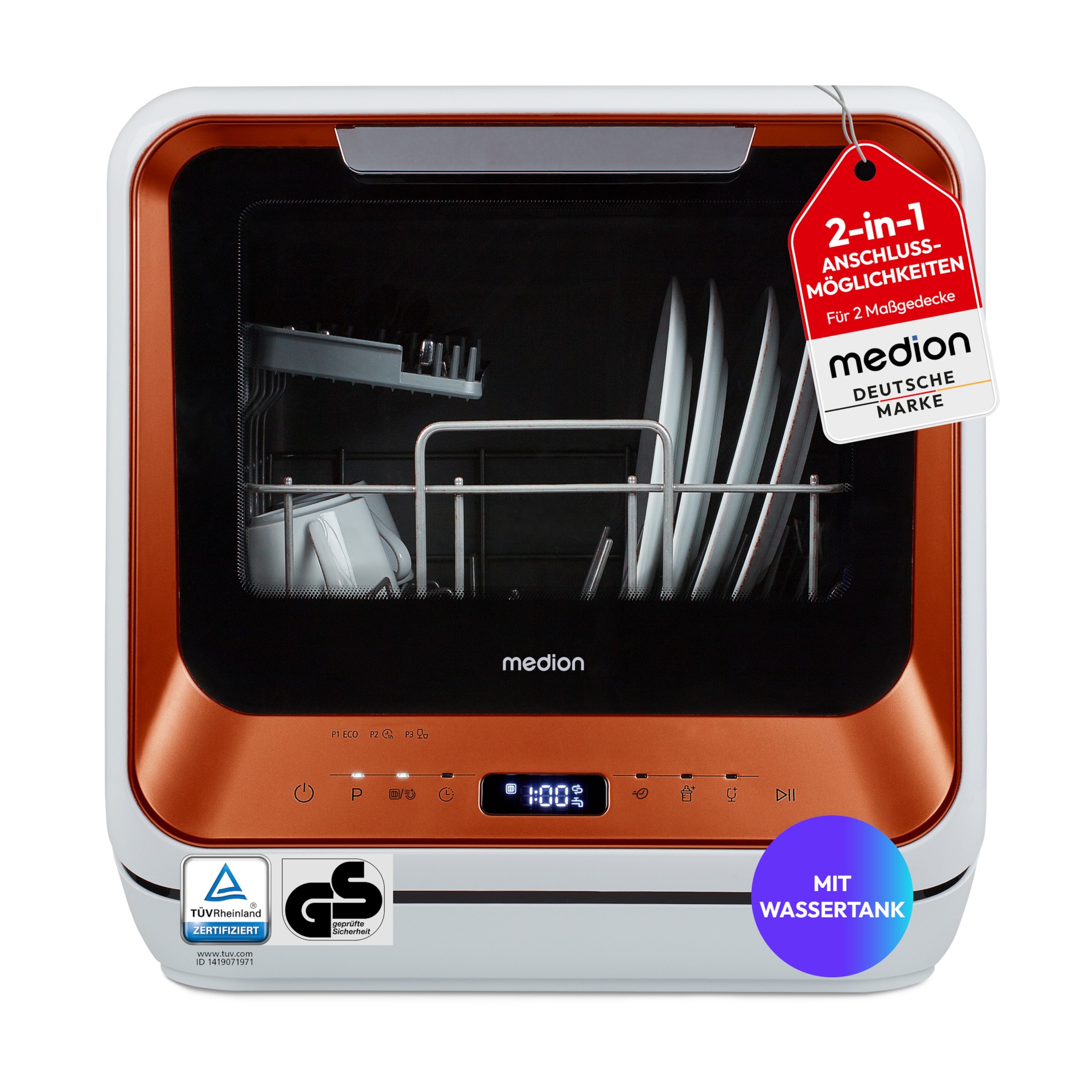 MEDION® LIFE Mini Tischgeschirrspüler DWT20 (MD370764) Bronze, kompakt & platzsparend für kleine Küchen, 6 Reinigungsprogramme, mit und ohne Wasseranschluss, Startzeitvorwahl