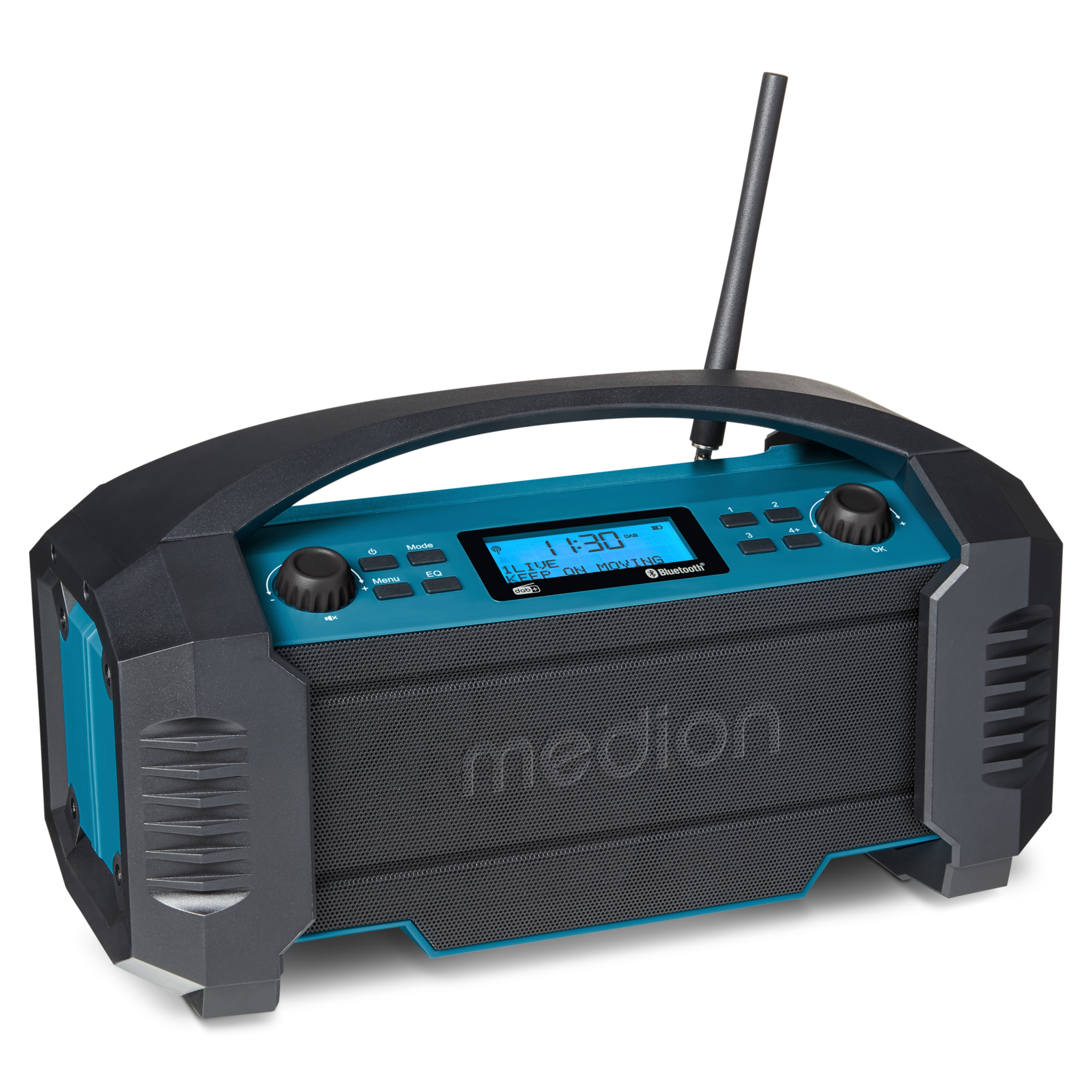MEDION® LIFE® E66050 DAB+/Bluetooth®-Baustellenradio, ideal für Baustellen, Garten oder Camping, IP54 Schutz gegen Spritzwasser & Staub, 7 Soundeinstellungen, integr. Akku, 15 W RMS