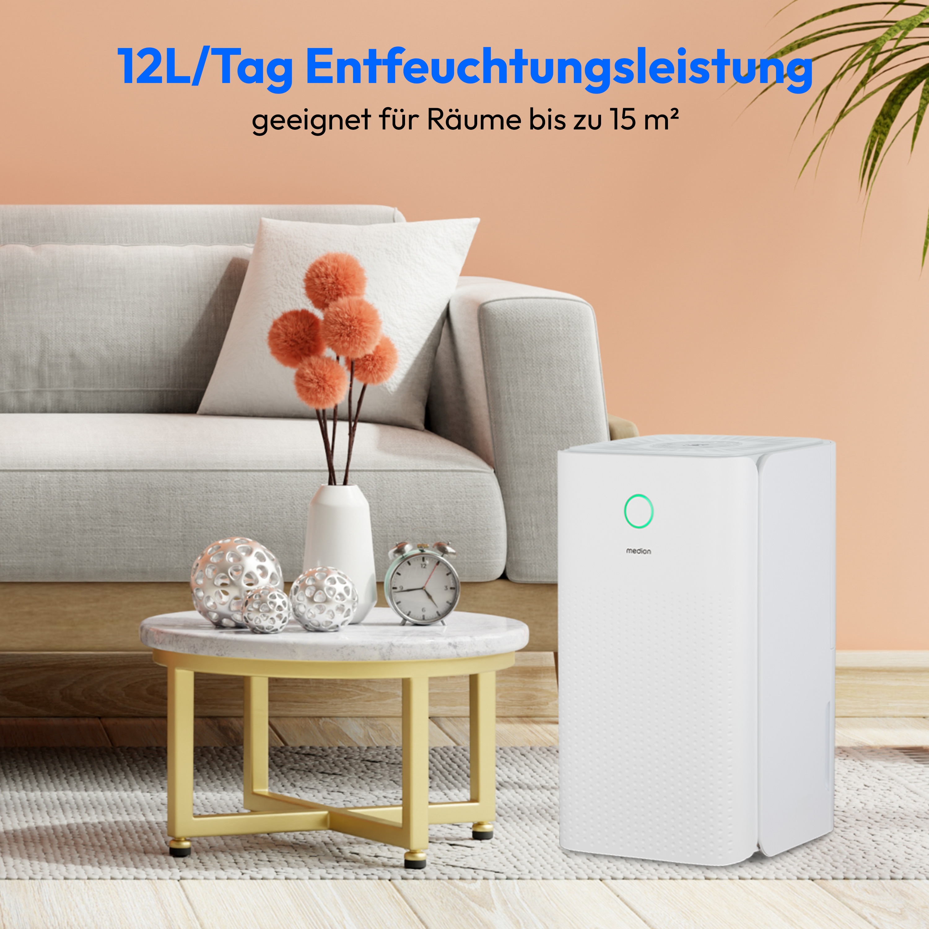 MEDION® Luftentfeuchter DH10 (MD12047), Entfeuchtungsleistung 12L/Tag, Volumen Wassertank 2L, 3 Modi, 2 Geschwindigkeitsstufen, Touch-Bedienung
