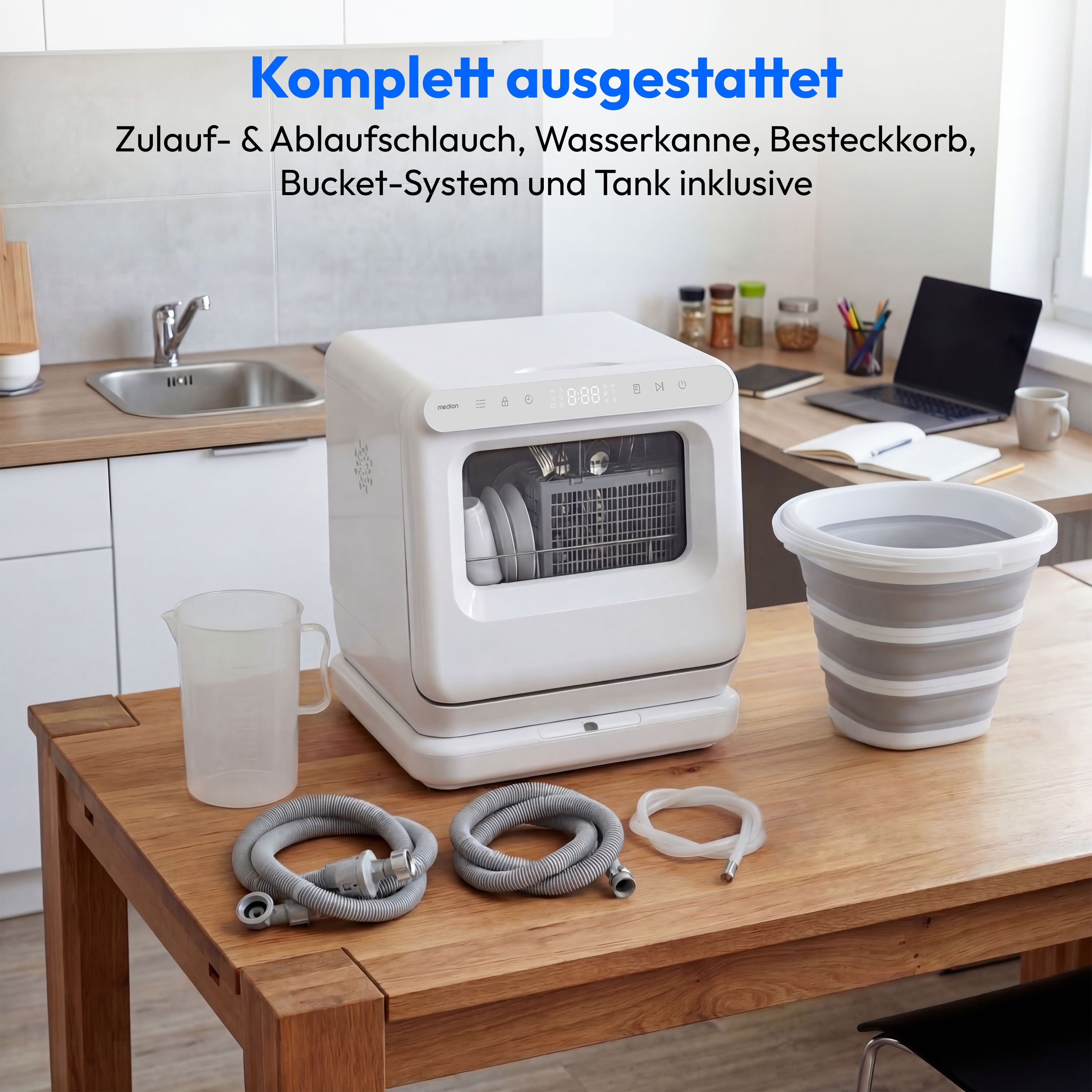 MEDION® LIFE Mini-Geschirrspüler DWT30 (MD370022), 3 Maßgedecke, 3-in-1 Betrieb mit Wassertank, 6 Programme, UV-Licht, Lüfter-Trocknung, LED-Touch-Display