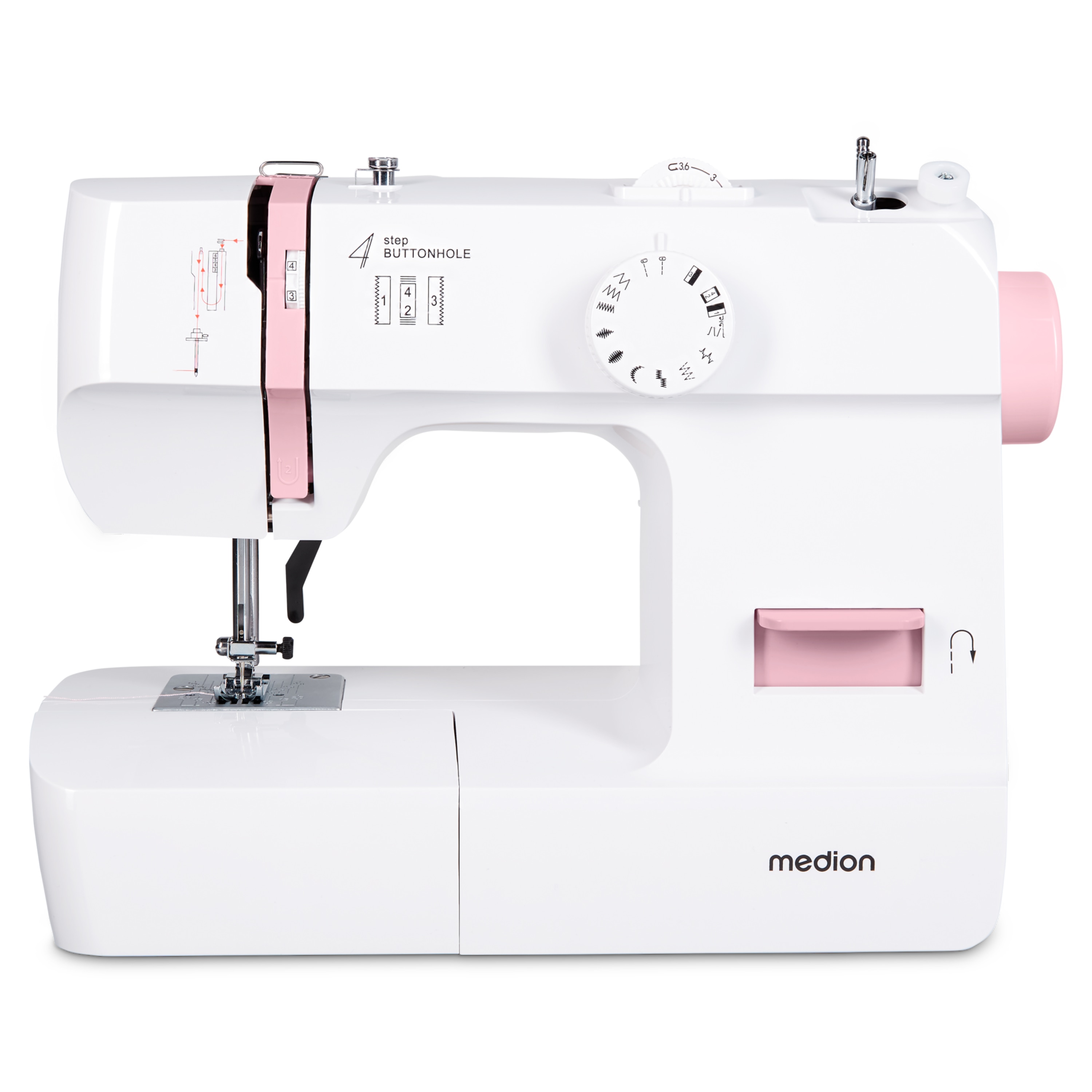 MEDION® LIFE Nähmaschine SM70 (MD 11179), 12 verschiedene Stickmuster, 4 Schritte Knopfloch, einstellbare Stichlänge, 70 Watt Motorleistung