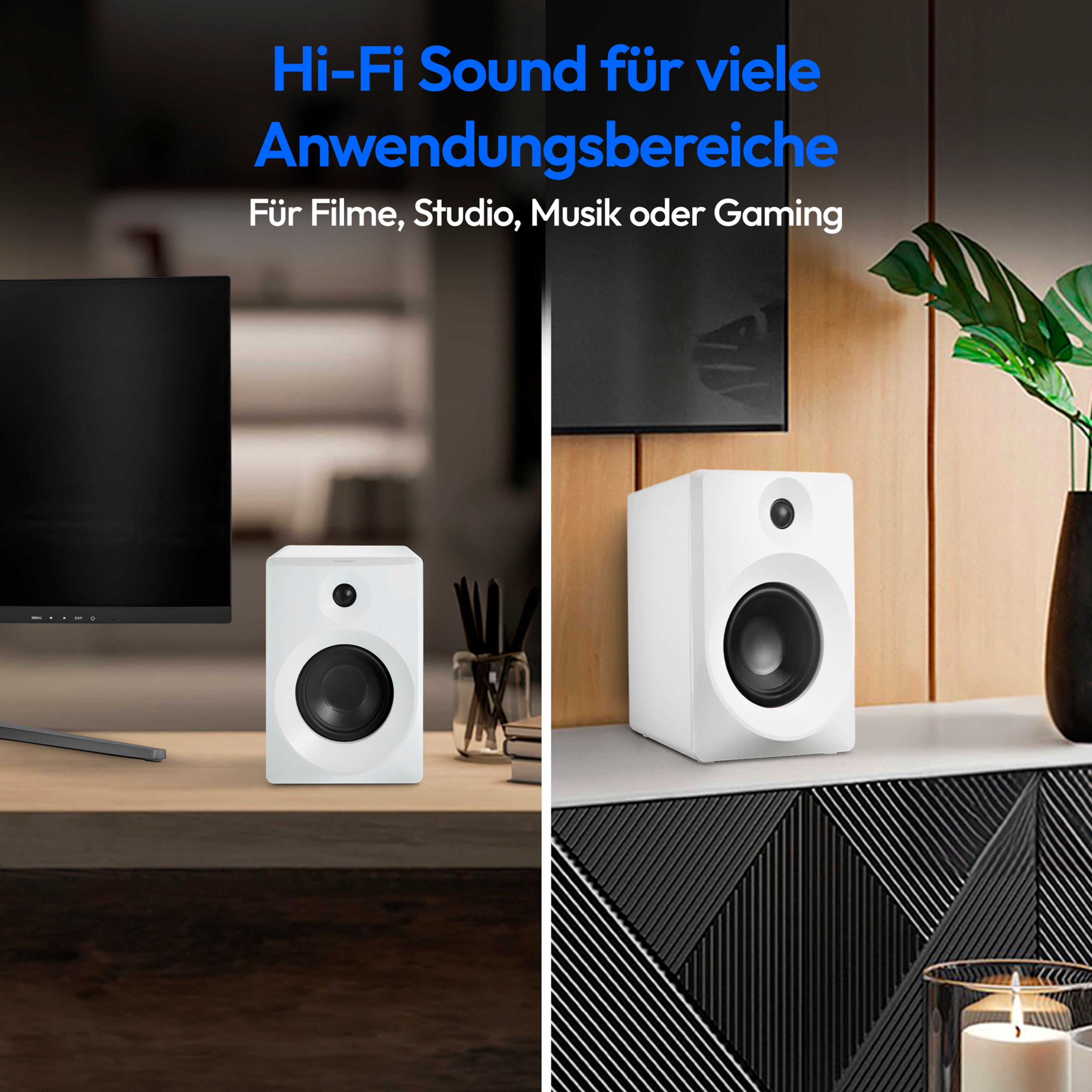 MEDION® LIFE® P61925 Regallautsprecher, aktiver & passiver Lautsprecher, 2-Wege-System, Bluetooth® 5.0, Stereo-Sound mit integriertem Hochtöner und Subwoofer, 2 x 50 W RMS