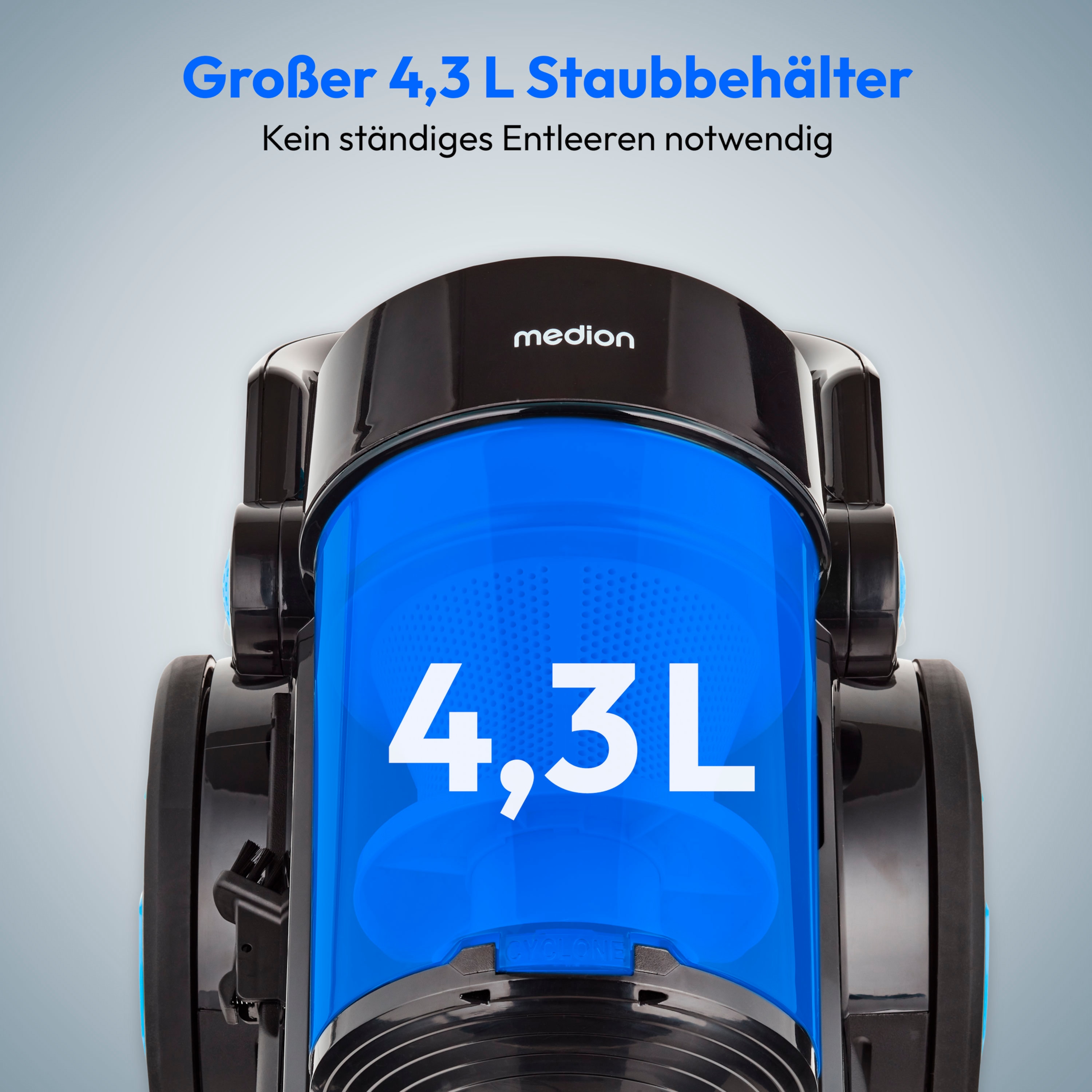 MEDION® LIFE P4000 Beutelloser Zyklon-Staubsauger, 900 W Saugleistung, Staubbehälterkapazität 4,3 L, HEPA 13 Filter, integriertes Zubehör