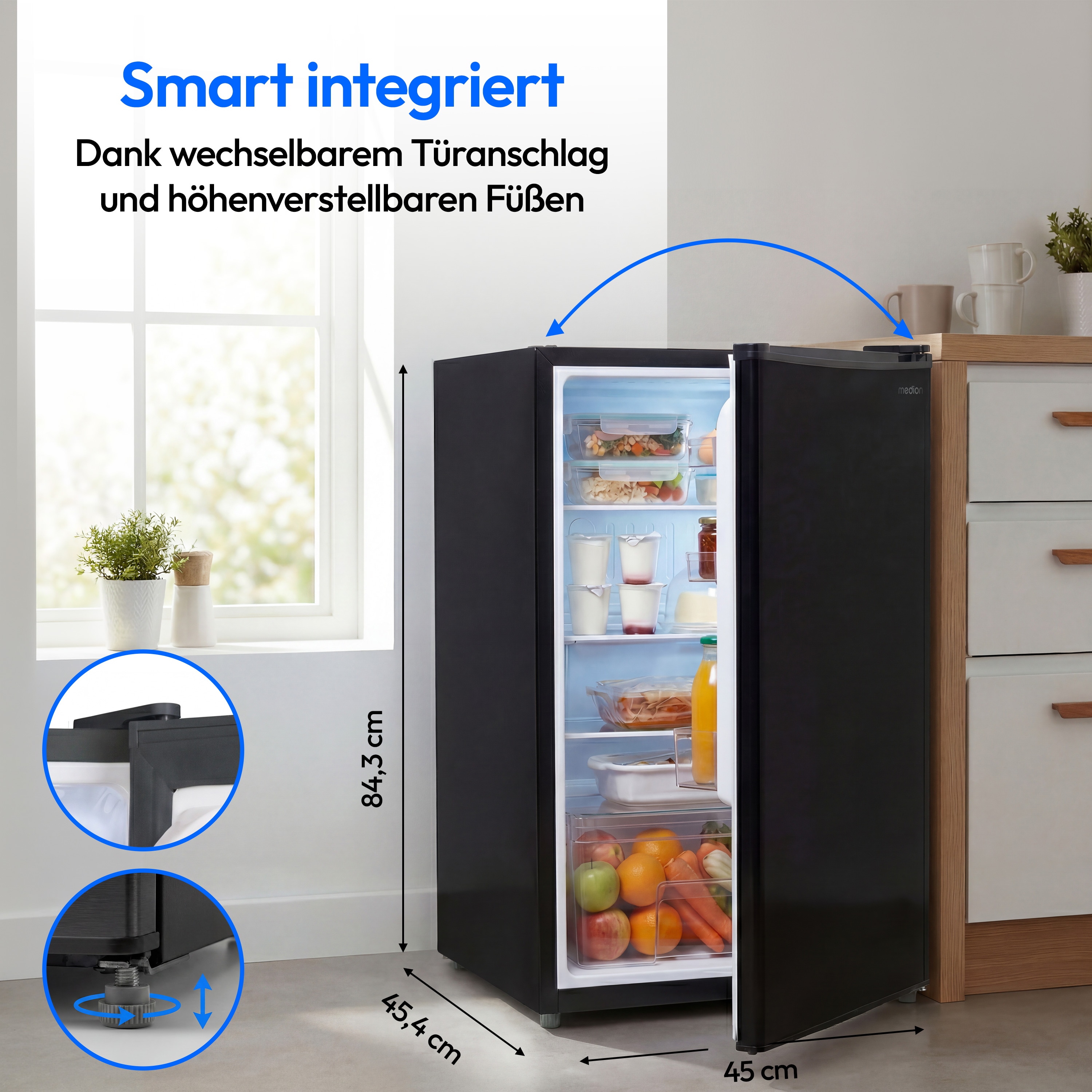 MEDION® LIFE Kühlschrank MD370009 Schwarz, 76 L Nutzinhalt, 3 Ablagen & 2 Türfächer, temperaturregulierbar (0–8 °C), wechselbarer Türanschlag, Energieklasse E