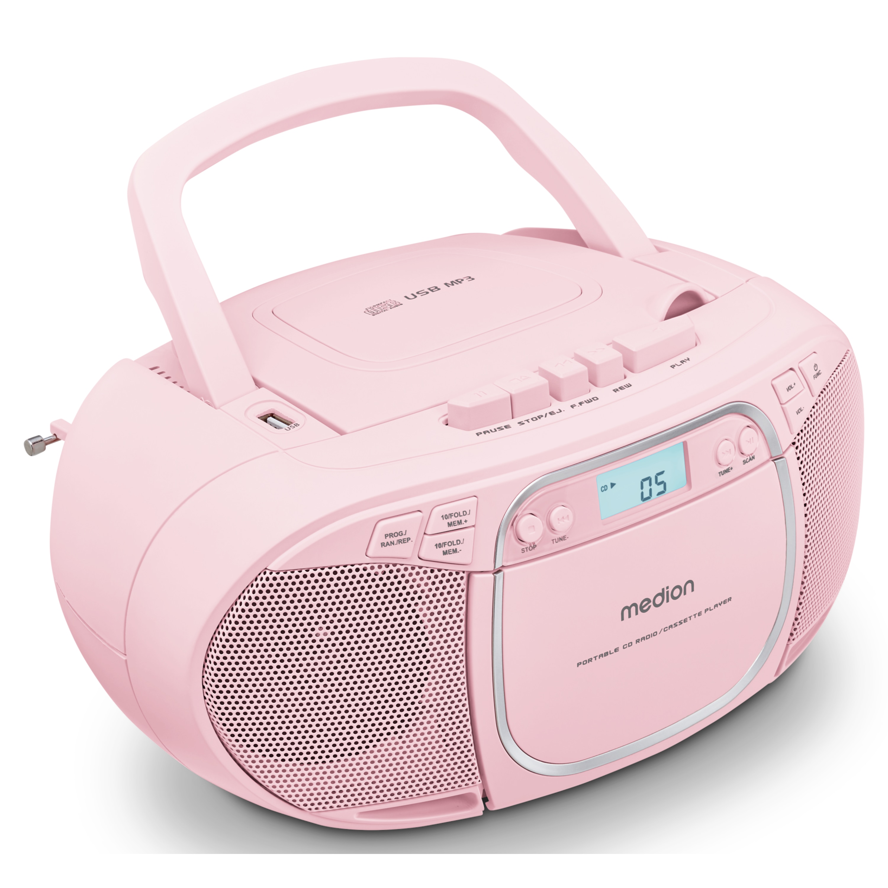 MEDION® LIFE® E66476 CD-/MP3-/Kassettenspieler rosa, LCD-Display mit Hintergrundbeleuchtung, PLL-UKW Stereo, Musikwiedergabe vom USB-Stick, 2 x 2 W RMS