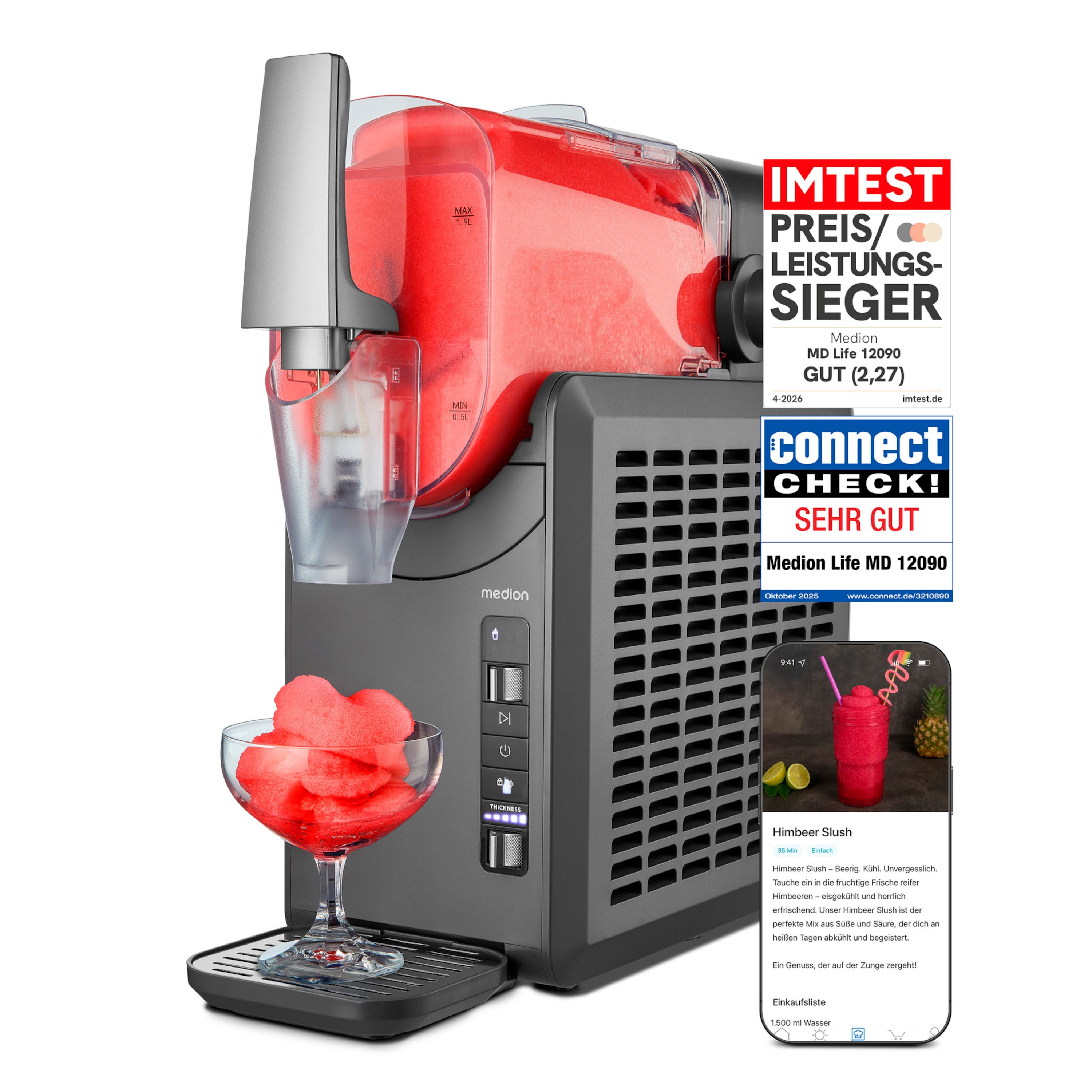 MEDION Slush-Eismaschine MD12090, 2,6 L Slush-Eis Kapazität, Härtegradkontrolle, 5 Modi, 30–60 Minuten Zubereitungszeit², Abnehmbarer Tank