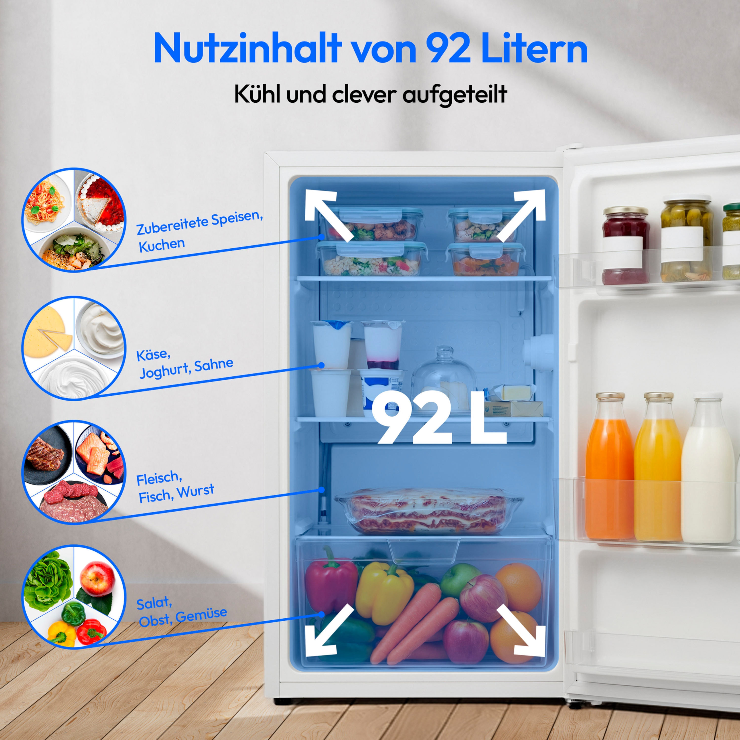 MEDION® LIFE Kühlschrank MD 37767, 92 L Nutzinhalt, 40 dB, Stufenlose Temperaturreglung, Höhenverstellbare Füße, Energieeffizienzsklasse E
