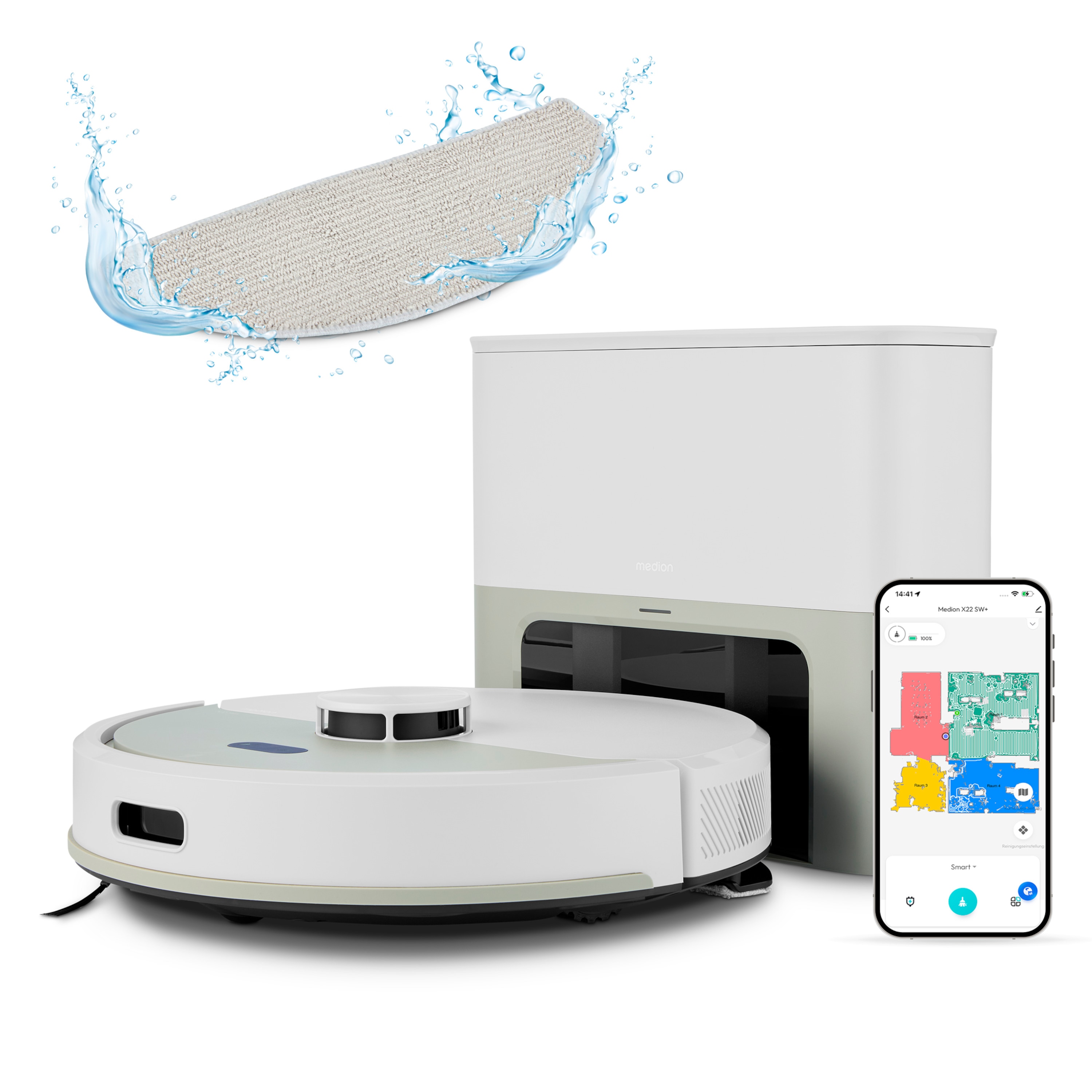 MEDION® Saugroboter mit Absaugstation X22 SW+, Wischfunktion, Lasernavigation, 5.000 Pa Saugkraft, No Go & Go Bereiche, präzise Kartenerstellung, mehrere Etagen, App-Steuerung