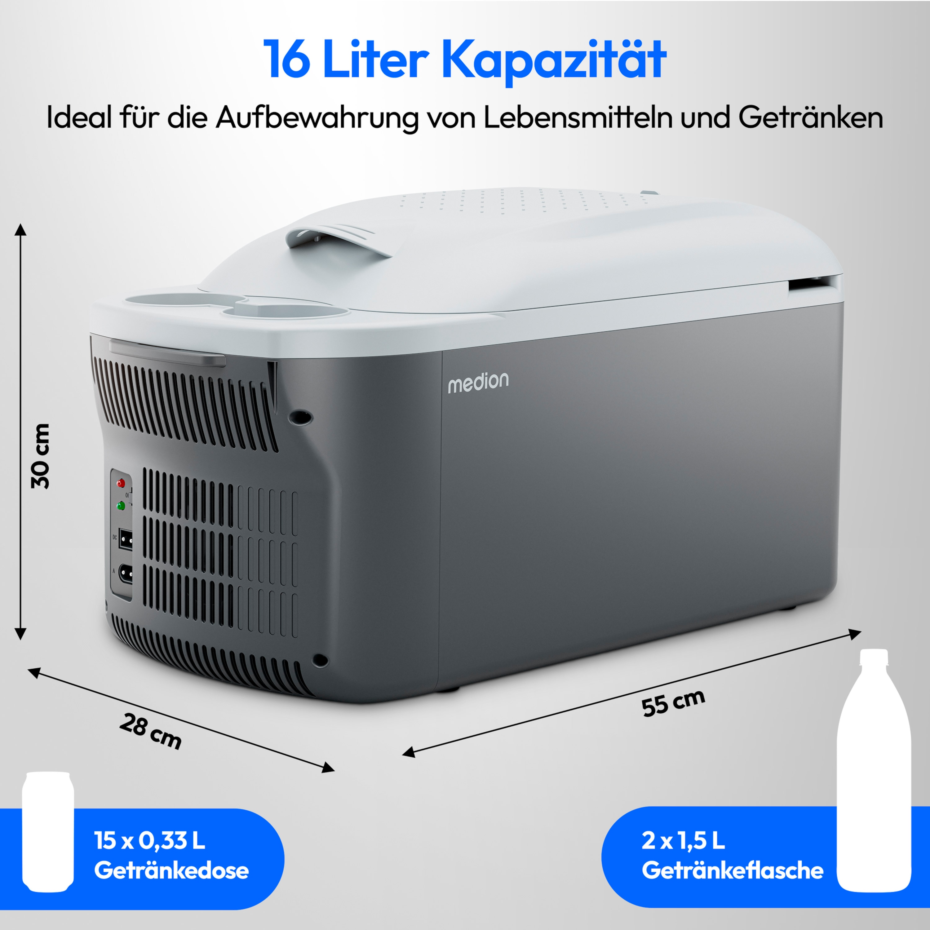 MEDION® LIFE Kühlbox mit Wärmefunktion MD13100, Kühl und Warmhaltefunktion, 16 L Kapazität, Tragegurt