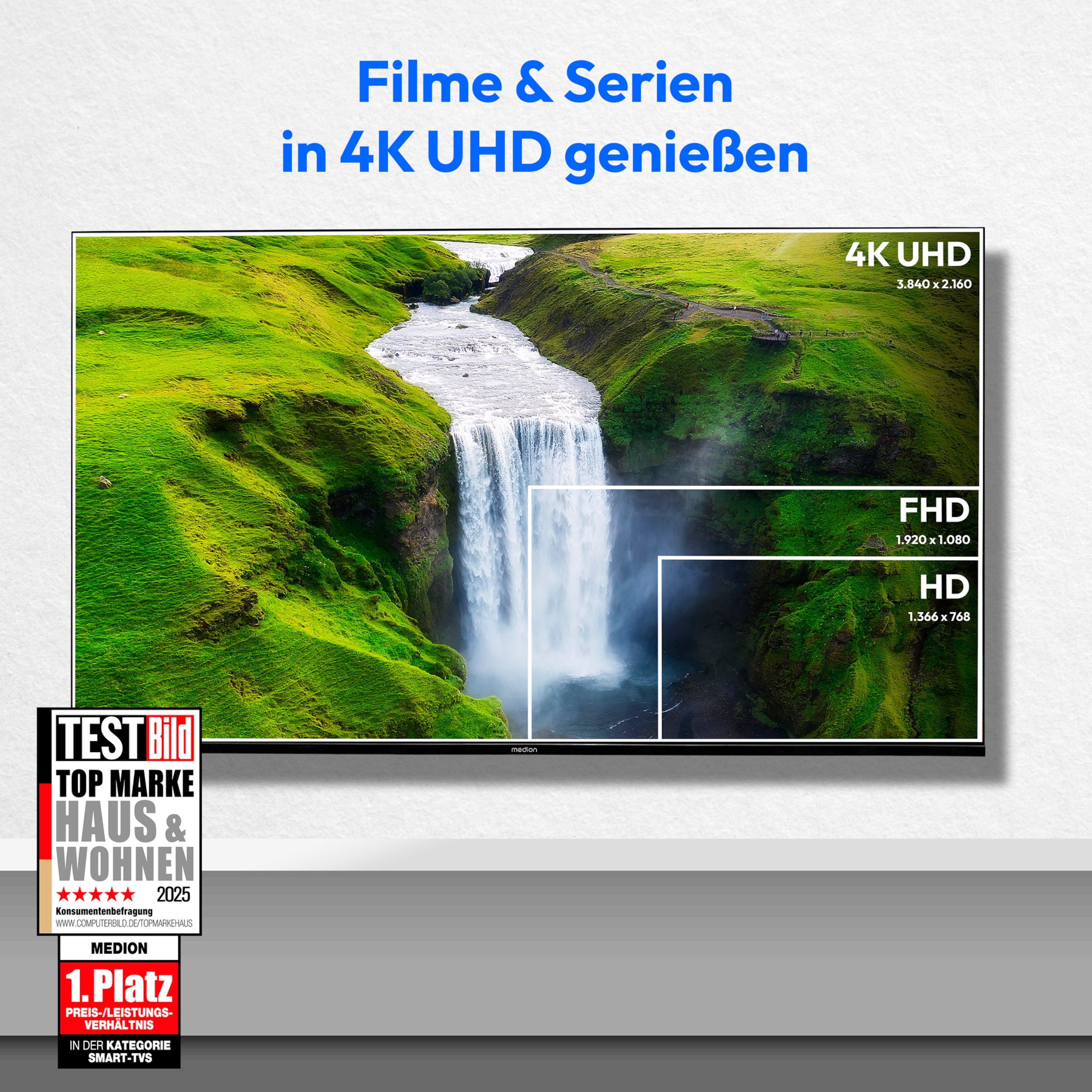 MEDION® LIFE® X8502500 (MD 850200) Ultra HD LCD Smart-TV, 125,7 cm (50'') Ultra HD Display, HDR, PVR ready, NETFLIX, Prime Video, Disney+, DAZN, Paramount+ App, VIDAA App Store, Bluetooth®, HD Triple Tuner, CI+ Schnittstelle