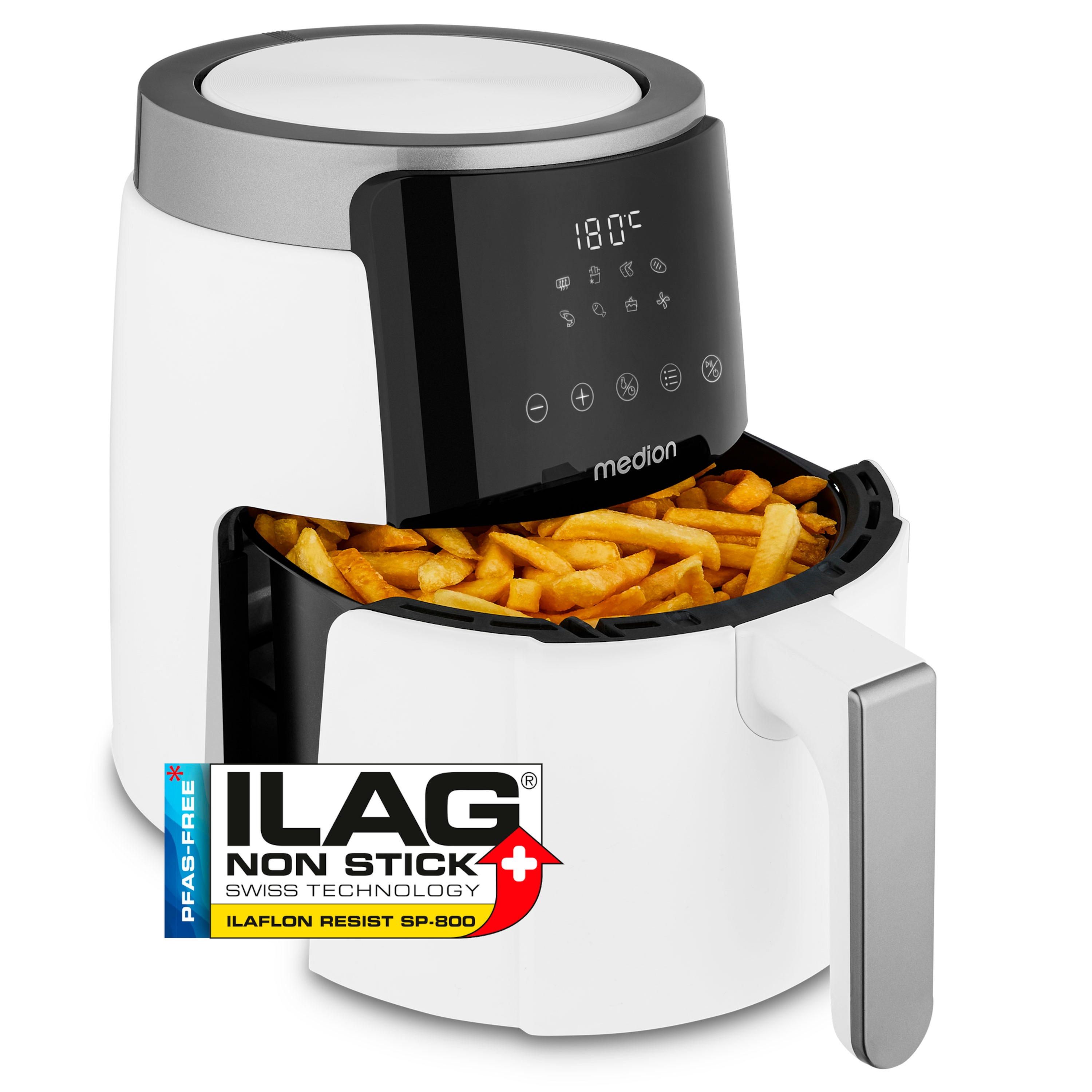 MEDION® LIFE HeißluftFritteuse P40 L (MD13030), 100 Rezepte in der Life+ App¹, Touch-Sensor- Bedienfeld, 4,7 Liter Fassungsvermögen, 8 Automatikprogramme,1.500 Watt, 60 min. Timer, 100