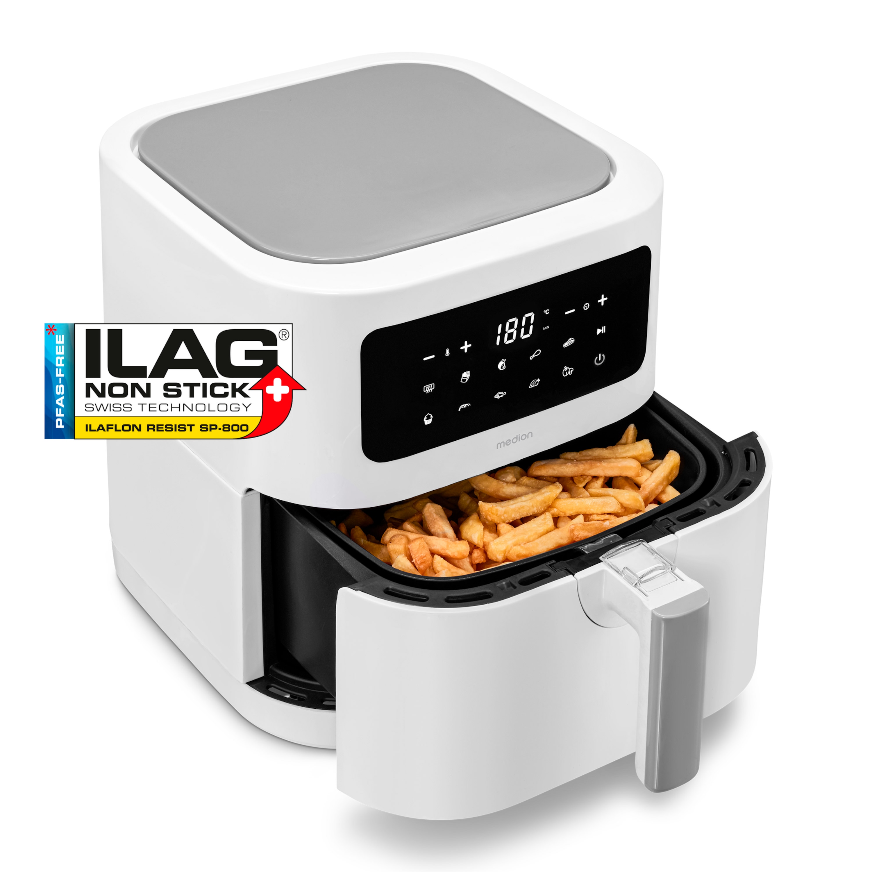 MEDION® LIFE® E40 XL Heißluftfritteuse MD 11740, 100 Rezepte in der Life+ App, ölfreies Frittieren, 9 Automatikprogramme, 5,2 L Korbvolumen