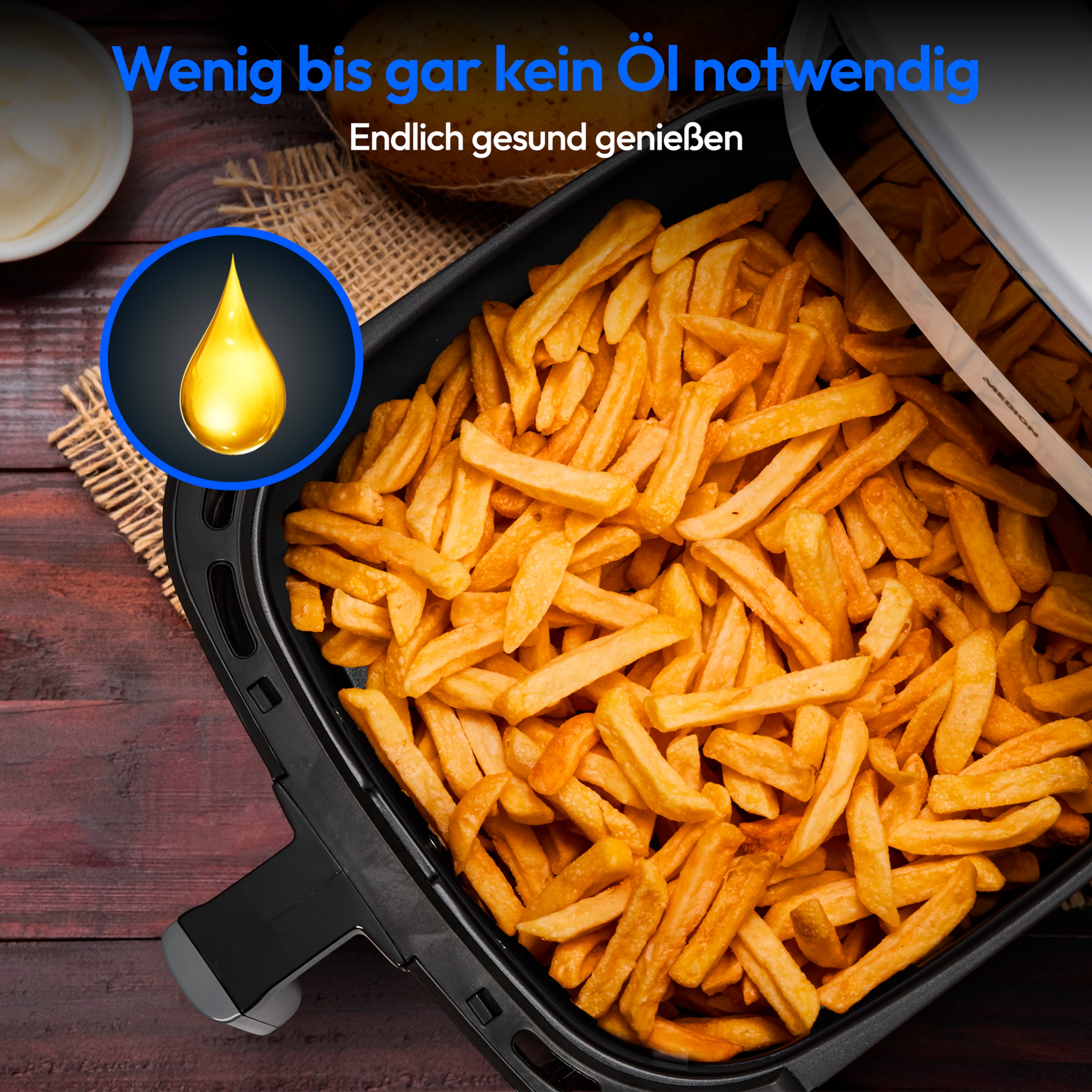 MEDION® LIFE® P10 XL Duo Heißluftfritteuse MD 11750, 100 Rezepte in der Life+ App, mit 2 Heizelementen, 2.150 W Gesamtleistung, ölfreies Frittieren, 9 Automatikprogramme, 6,8 L Nutzinhalt
