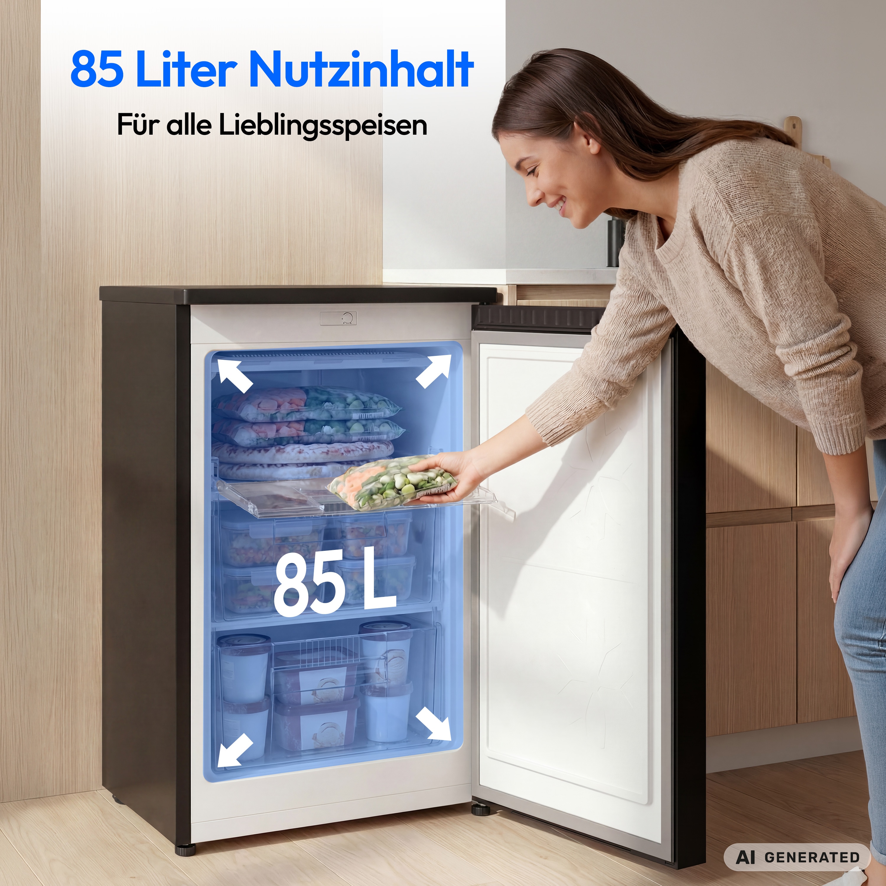 MEDION® LIFE Gefrierschrank MD370018 Schwarz, 85 L Nutzinhalt, 3 Türfächer, manuelle Abtauung, Temperaturbereich 0–5 °C, Energieklasse C, leiser Kompressorbetrieb (39 dB), wechselbarer Türanschlag