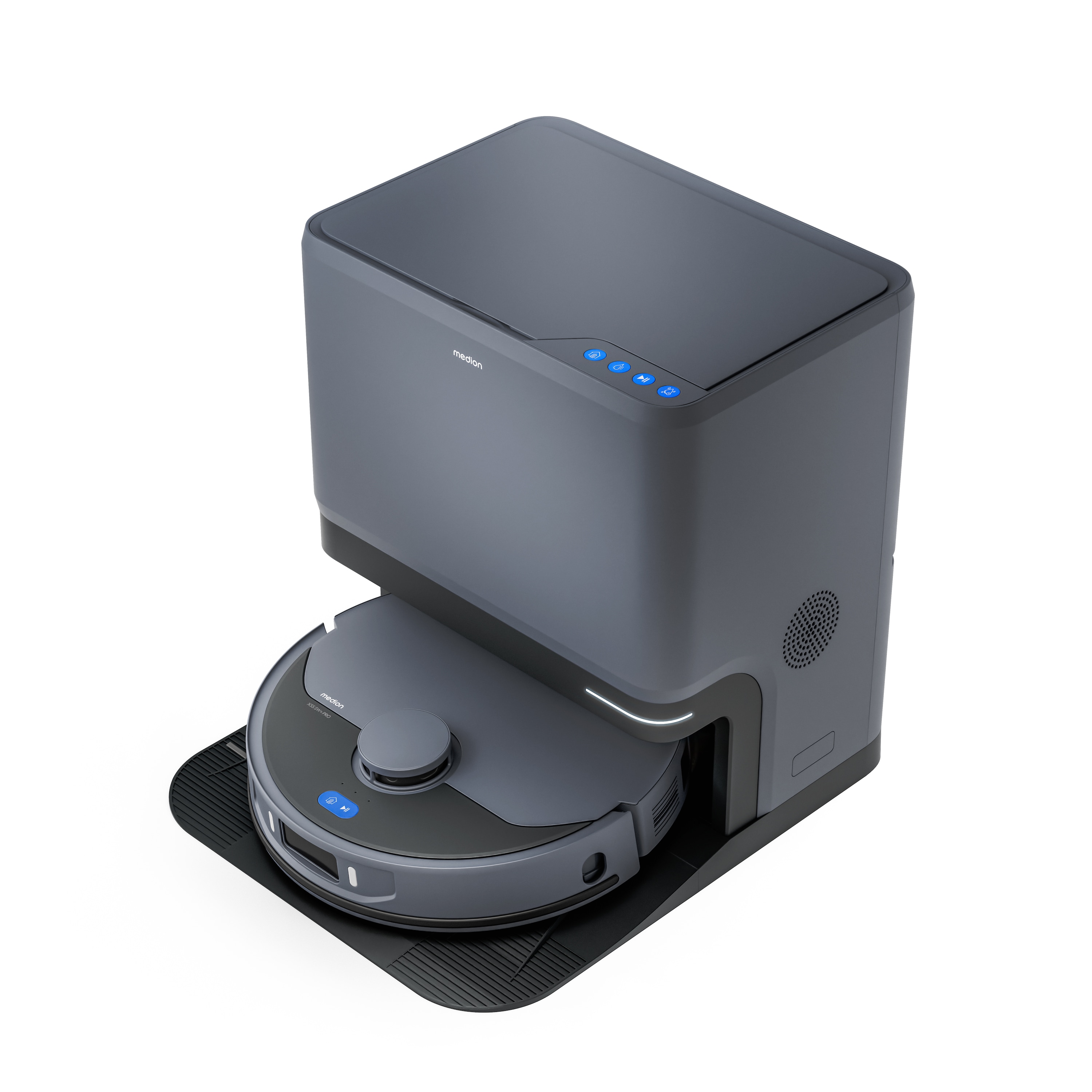 MEDION® Saugroboter mit 3-in-1 Absaugstation X55 SW+, Wischfunktion, rotierende und bewegliche Wischmopps, Lasernavigation, Hinderniserkennung durch Kreuzlinienlaser, starke 10.000 Pa Saugkraft, präzise Kartenerstellung