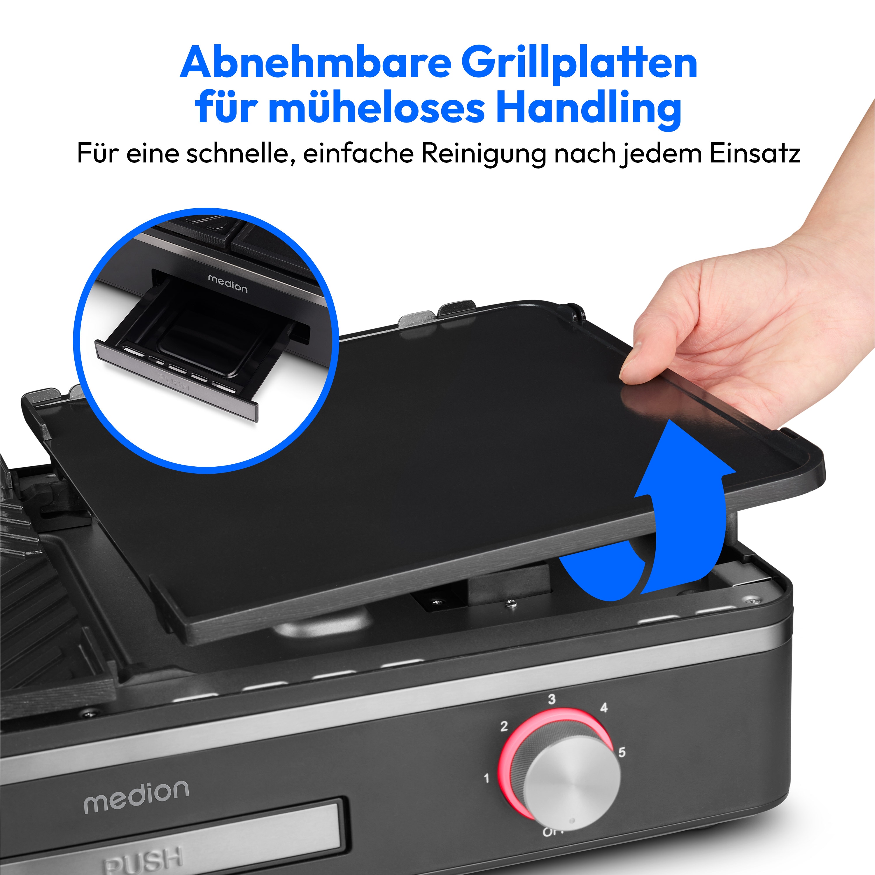 MEDION® LIFE Tischgrill mit Dual-Zonen-System (MD12027), 2,400 Watt, 2 abnehmbare Platten, LED-Statusanzeige (weiß, rot, grün), IPX4-Schutz