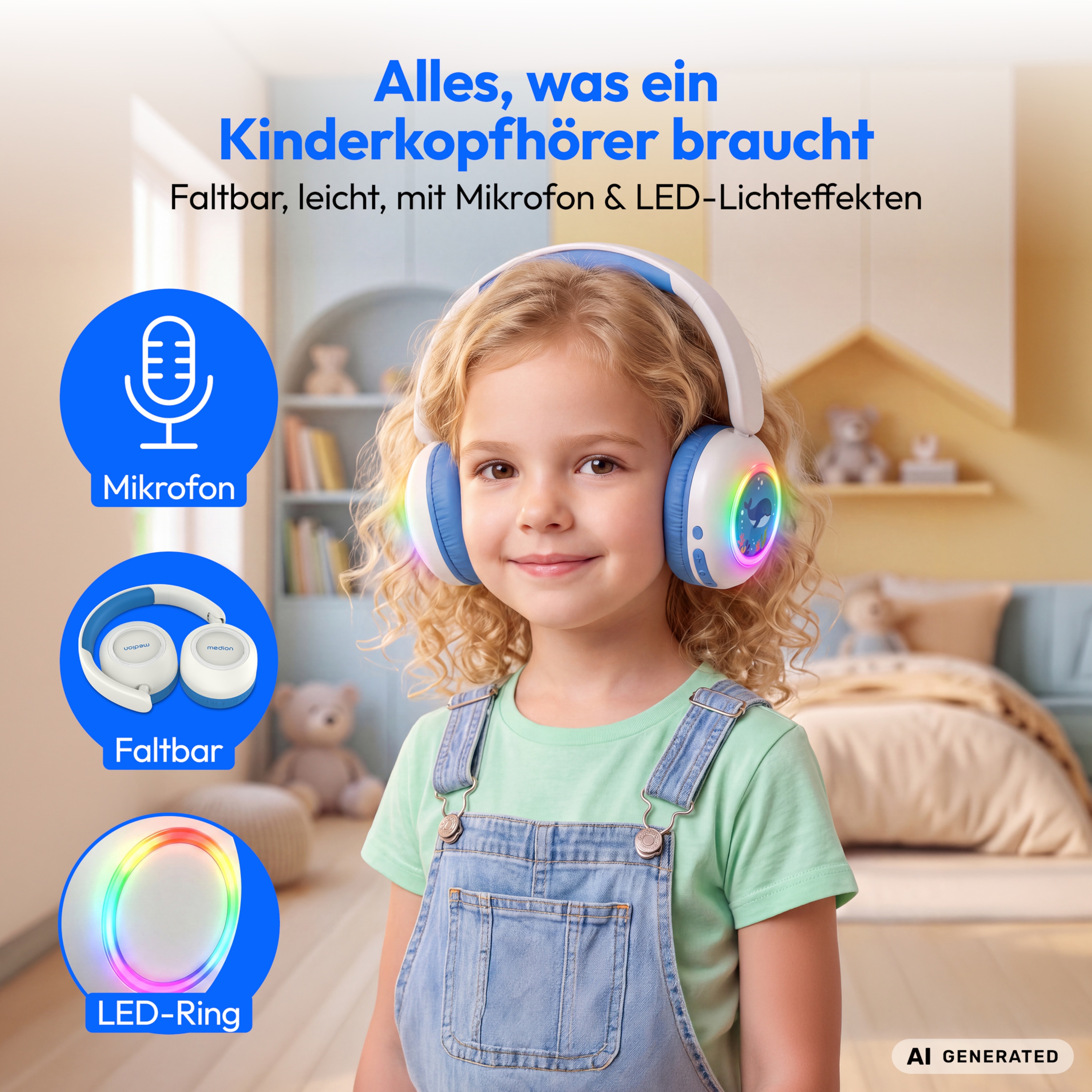 MEDION® LIFE HE-1 Kids Bluetooth Kinderkopfhörer, 3-stufiger Gehörschutz, bis zu 85 Std. Akkulaufzeit, MP3-Player, Bluetooth 5.4, AUX & microSD, LED-Lichtring, austauschbare Designs