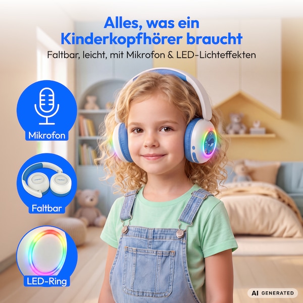 MEDION® LIFE HE-1 Kids Bluetooth Kinderkopfhörer, 3-stufiger Gehörschutz, bis zu 85 Std. Akkulaufzeit, MP3-Player, Bluetooth 5.4, AUX & microSD, LED-Lichtring, austauschbare Designs