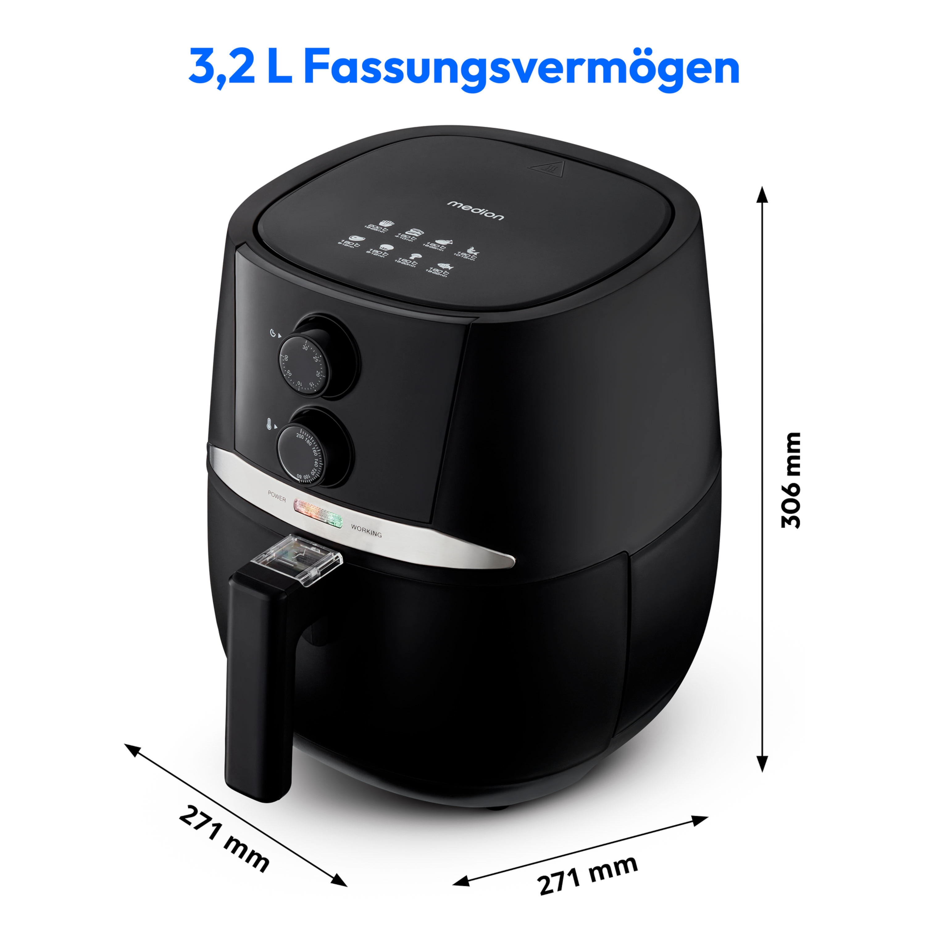 MEDION® LIFE® E20 L Heißluftfritteuse (MD 10711), ölfreies Frittieren, 3,2 L Korbvolumen, 1.400W Leistung