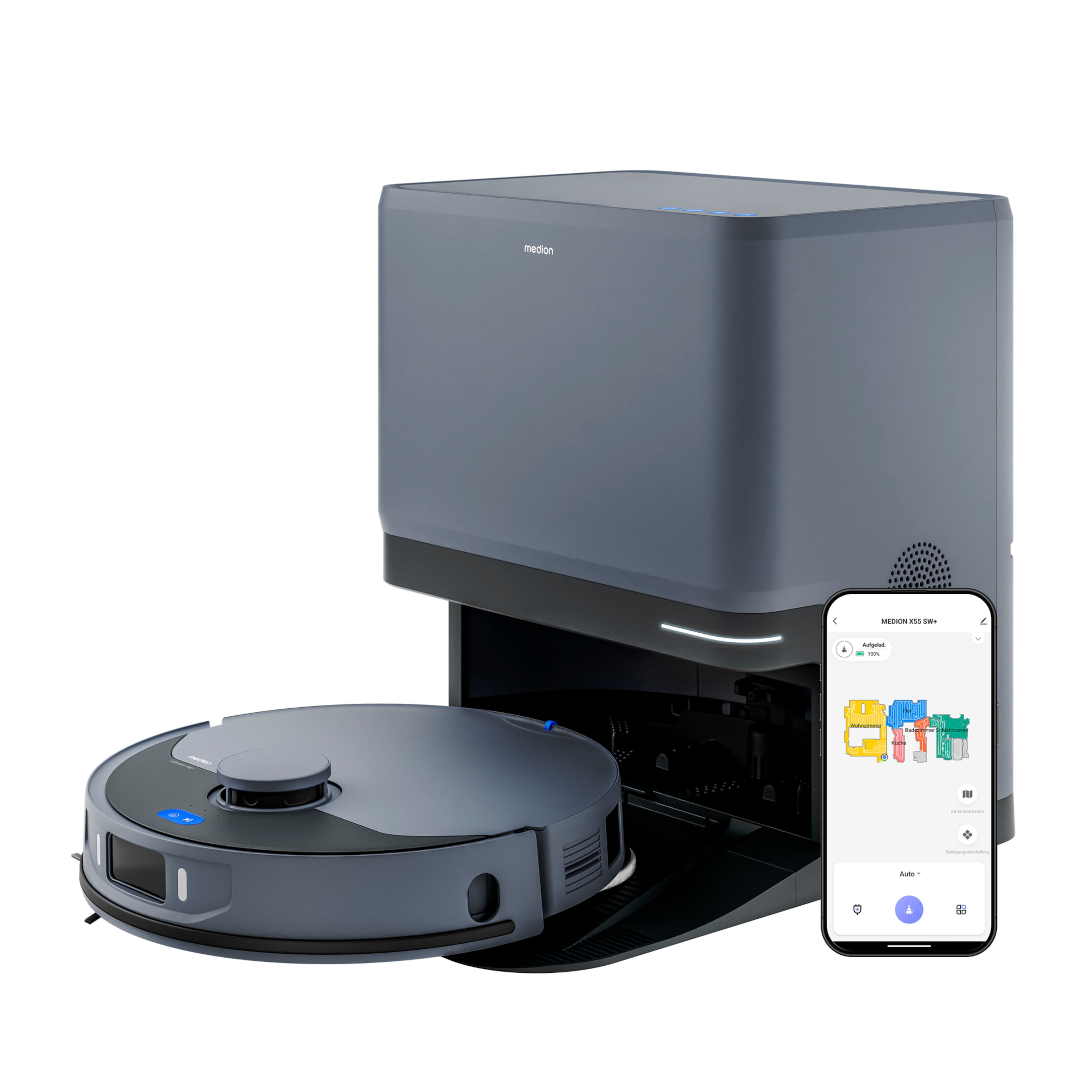 MEDION® Saugroboter mit 3-in-1 Absaugstation X55 SW+, Wischfunktion, rotierende und bewegliche Wischmopps, Lasernavigation, Hinderniserkennung durch Kreuzlinienlaser, starke 10.000 Pa Saugkraft, präzise Kartenerstellung