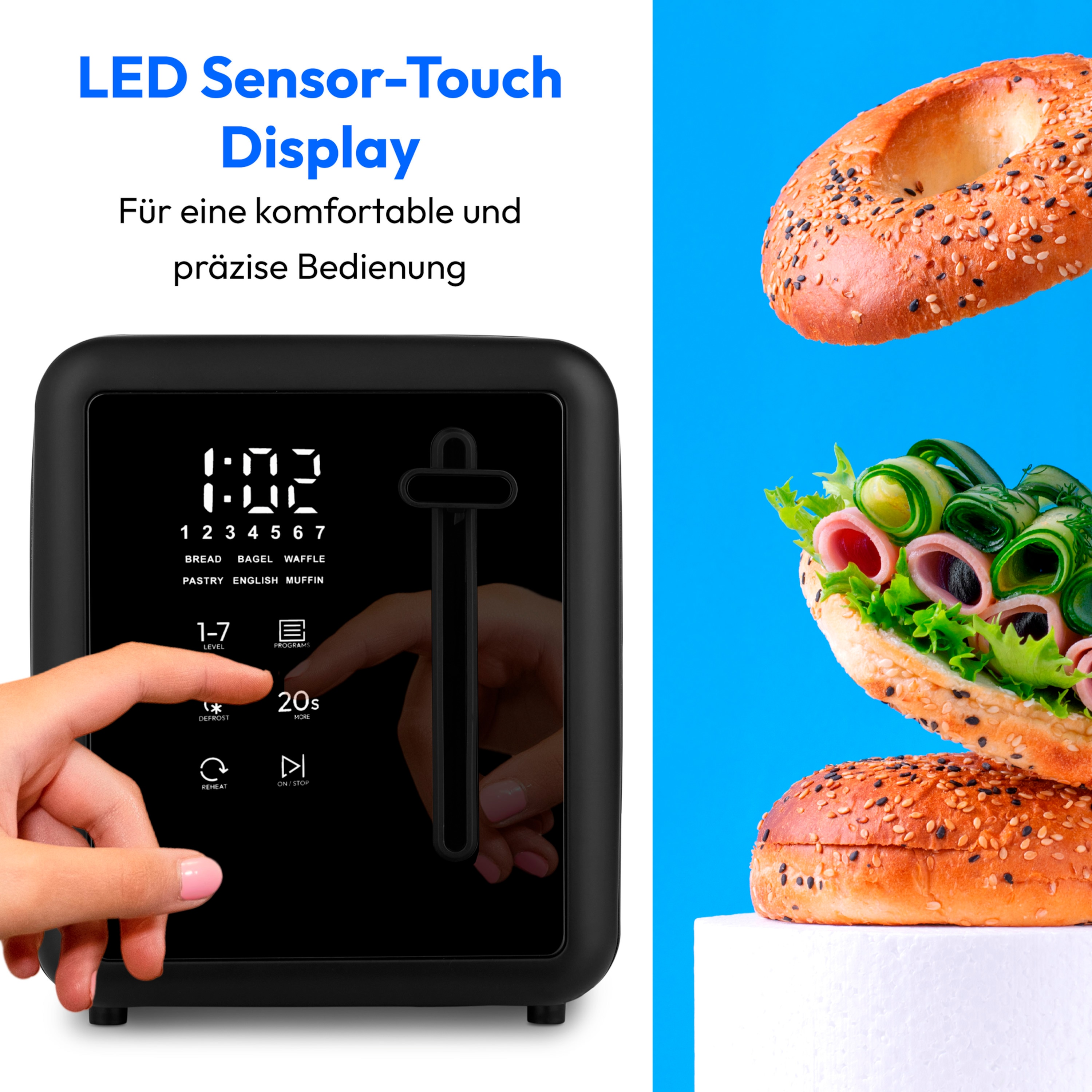 MEDION® MEDION LIFE Toaster MD12102, 2 Toastschlitze für zwei Toastscheiben, LED Sensor-Touch-Display für präzise Steuerung, 7 Bräunungsstufen und 5 Automatikprogramme