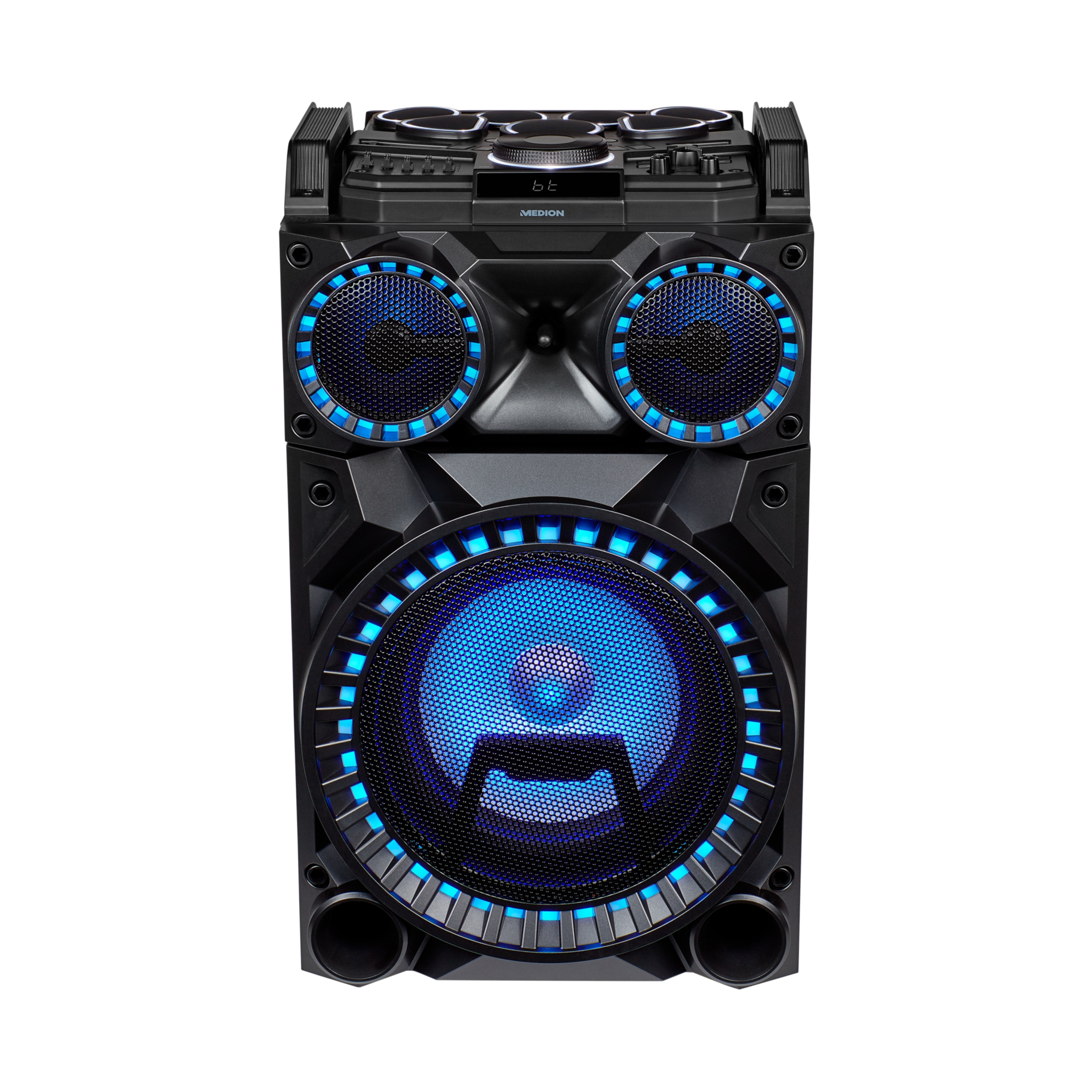 MEDION® LIFE® X64030 Bluetooth® Partylautsprecher mit Drum Pads, Mikrofon, LED Lichteffekte, kraftvolle Bässe, Gitarreneingang, inkl. Mikrofon, 100 W RMS Ausgangsleistung  (B-Ware)